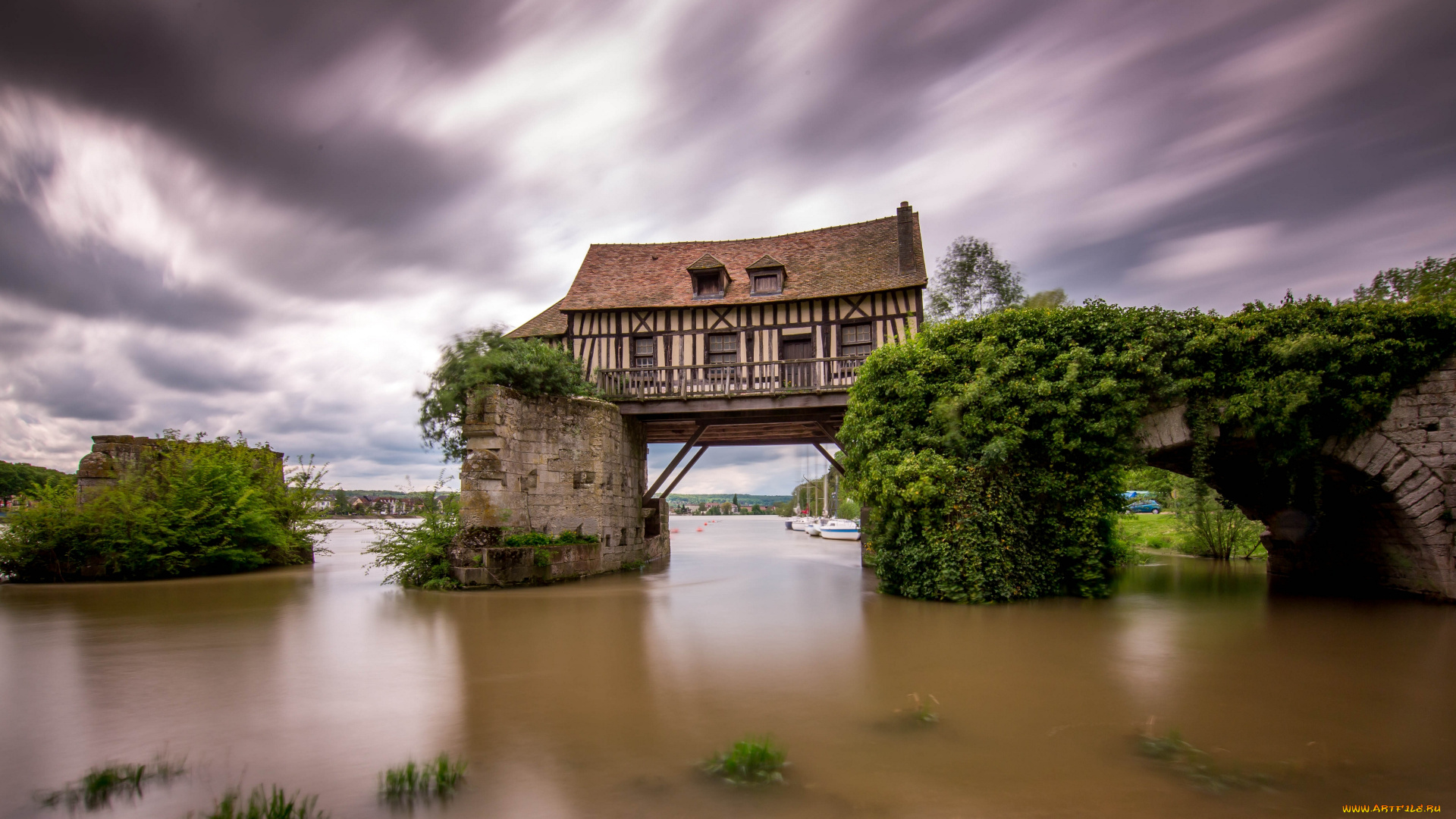 vernon, france, города, мосты, мельница, старый, мост, река, сена