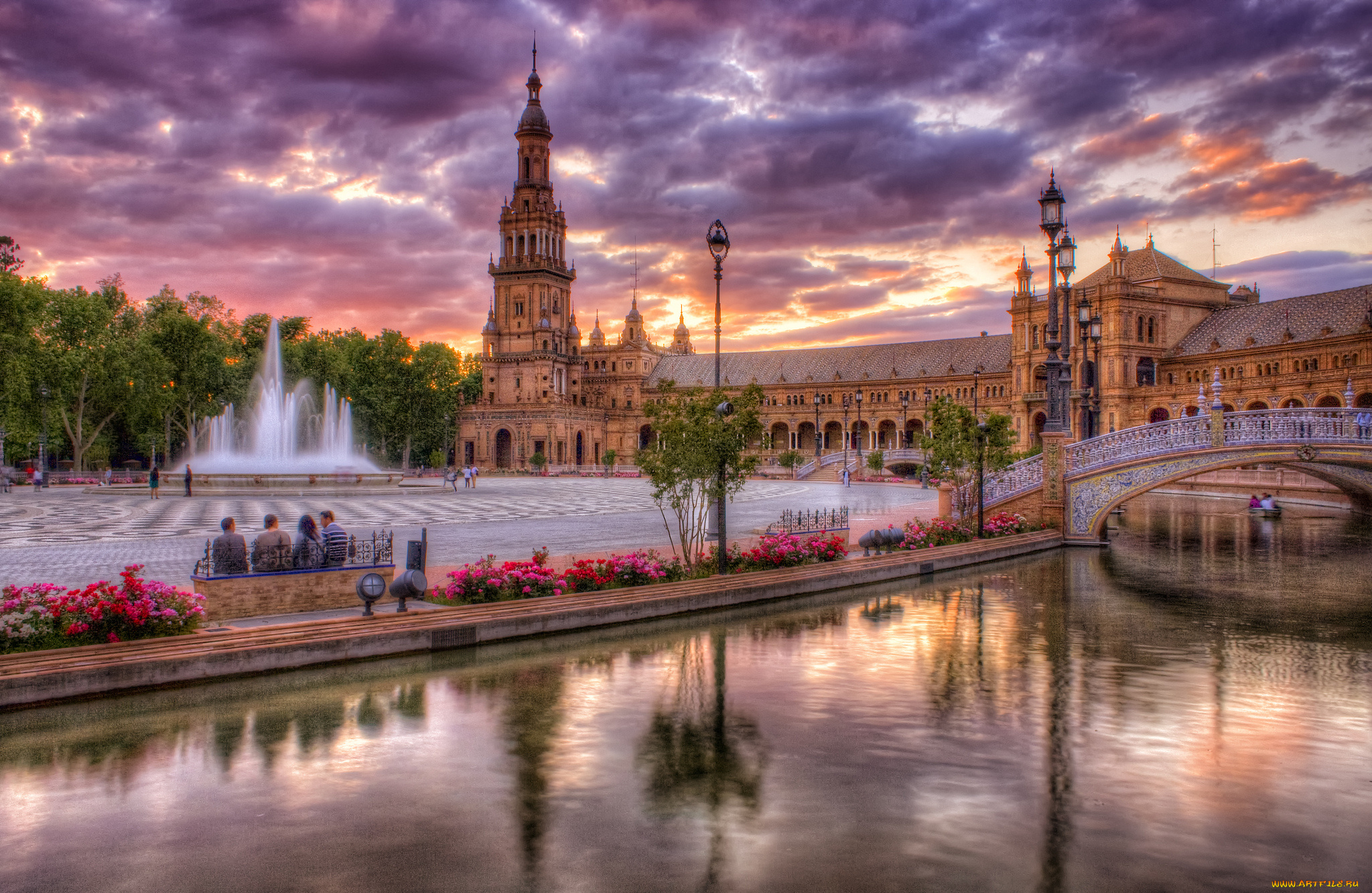 el, porvenir, seville, andalusia, spain, города, севилья, испания, эль-порвенир, андалусия, река, фонари, мост, фонтан, площадь, испании, набережная