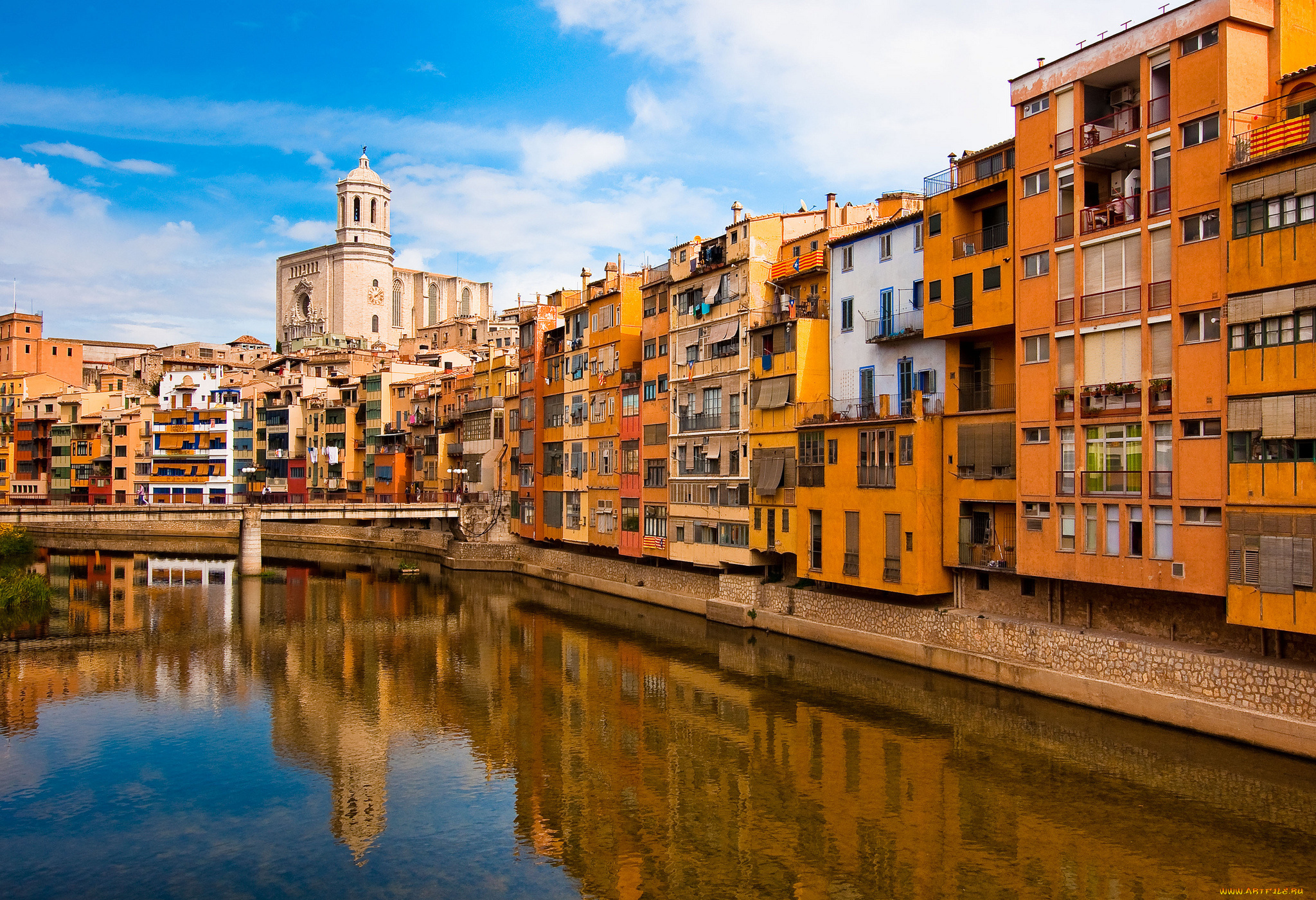 girona, catalonia, spain, города, улицы, площади, набережные, жирона, испания, набережная, река, мост, здания