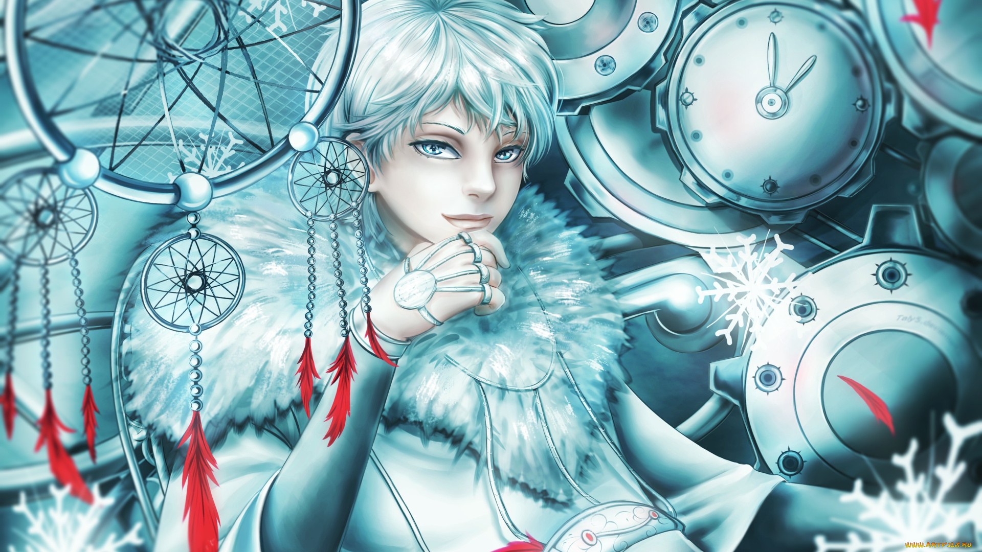 аниме, -weapon, , blood, &, technology, арт, снов, ловушка, парень, белые, волосы, механизм, перья