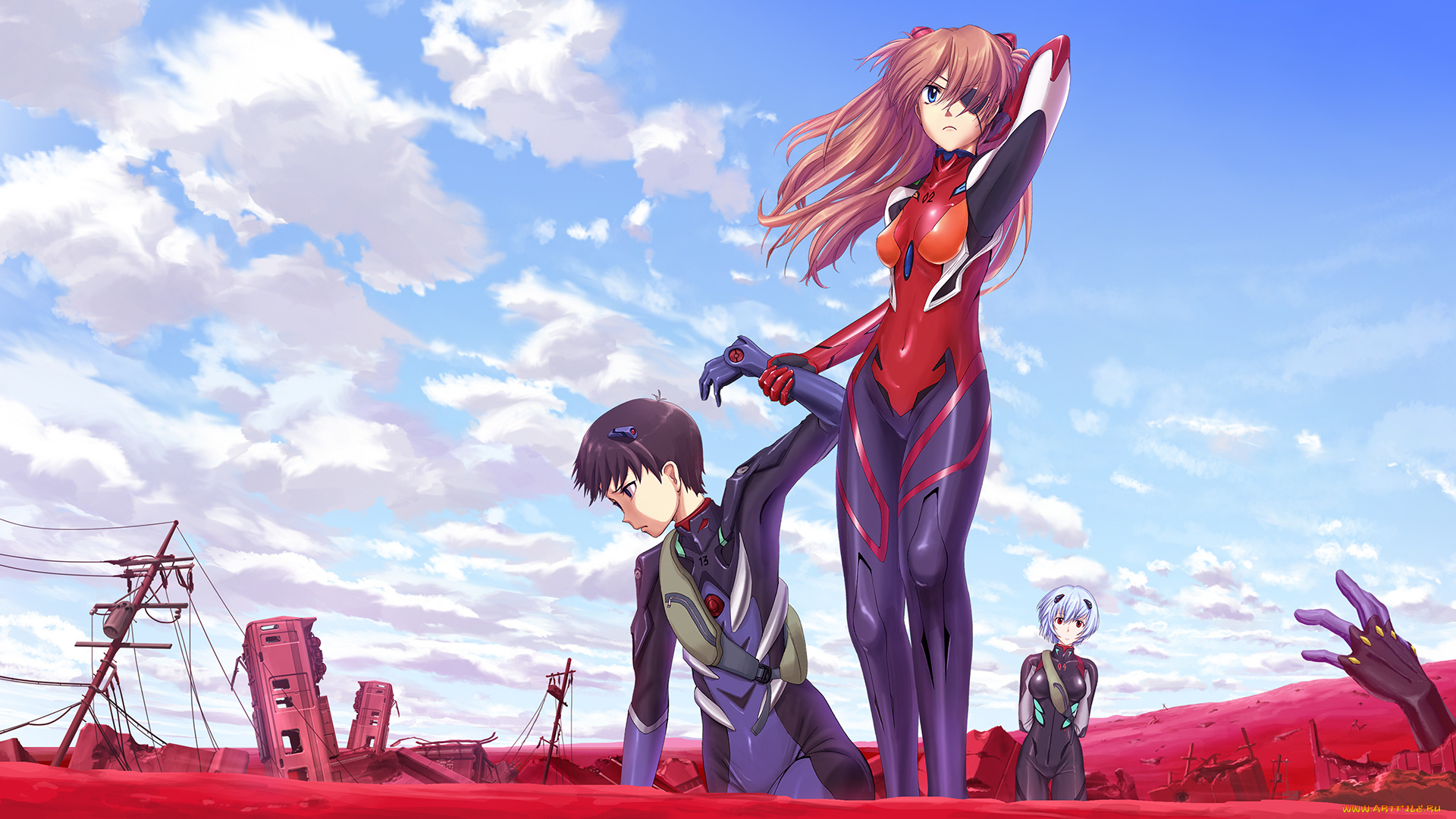 аниме, evangelion, руины, парень, девушки, neon, genesis, shirakawa, mayo, арт, soryu, asuka, langley, ikari, shinji, ayanami, rei