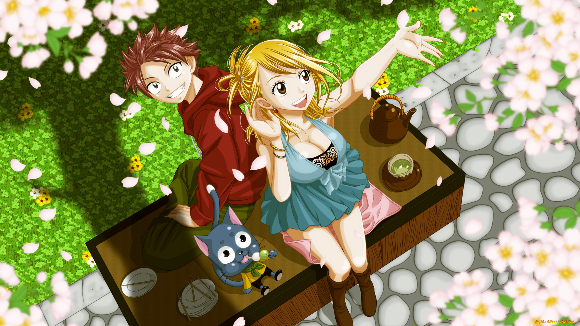 аниме, fairy, tail, happy, natsu, dragneel, lucy, heartfilia, цветение, весна, чаепитие, парень, девушка