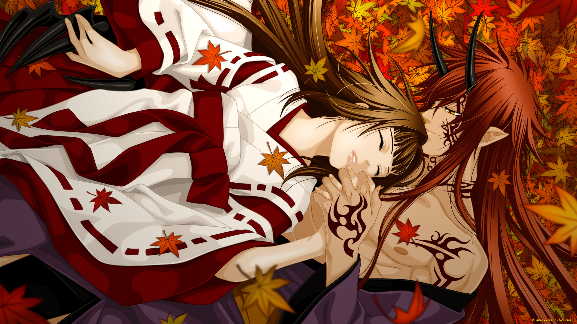 аниме, hiiro, no, kakera, рога, кимоно, татуировки, демон, девушка, kasuga, tamaki, onizaki, takuma, алые, осколки, hiiro, no, kakera, арт, cilou, парень