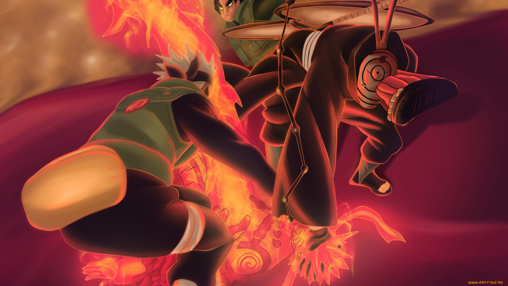 аниме, naruto, какаши, хатаке, бой, гай, обито, учиха