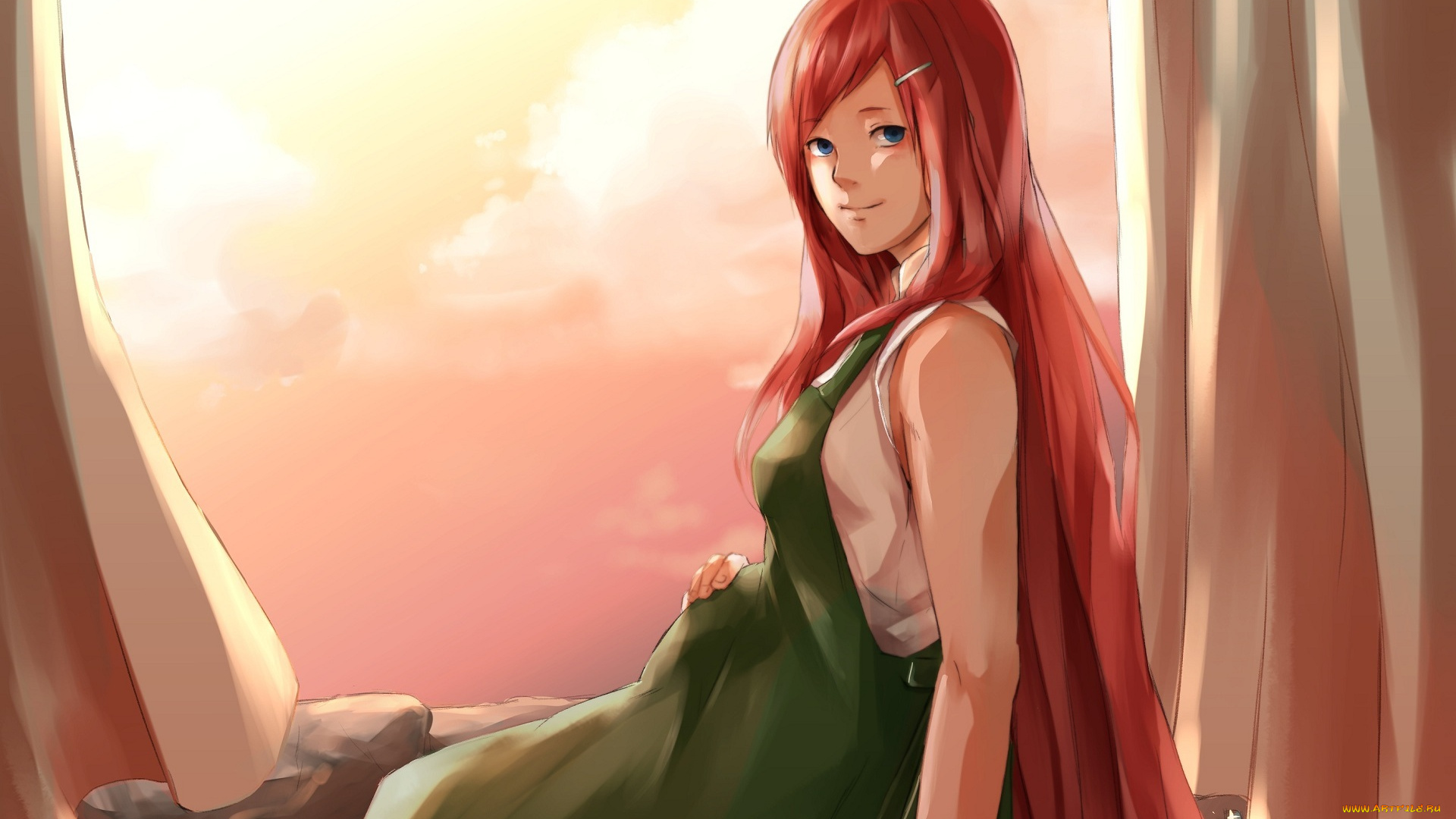 аниме, naruto, красные, волосы, кушина, арт, облака, небо, девушка