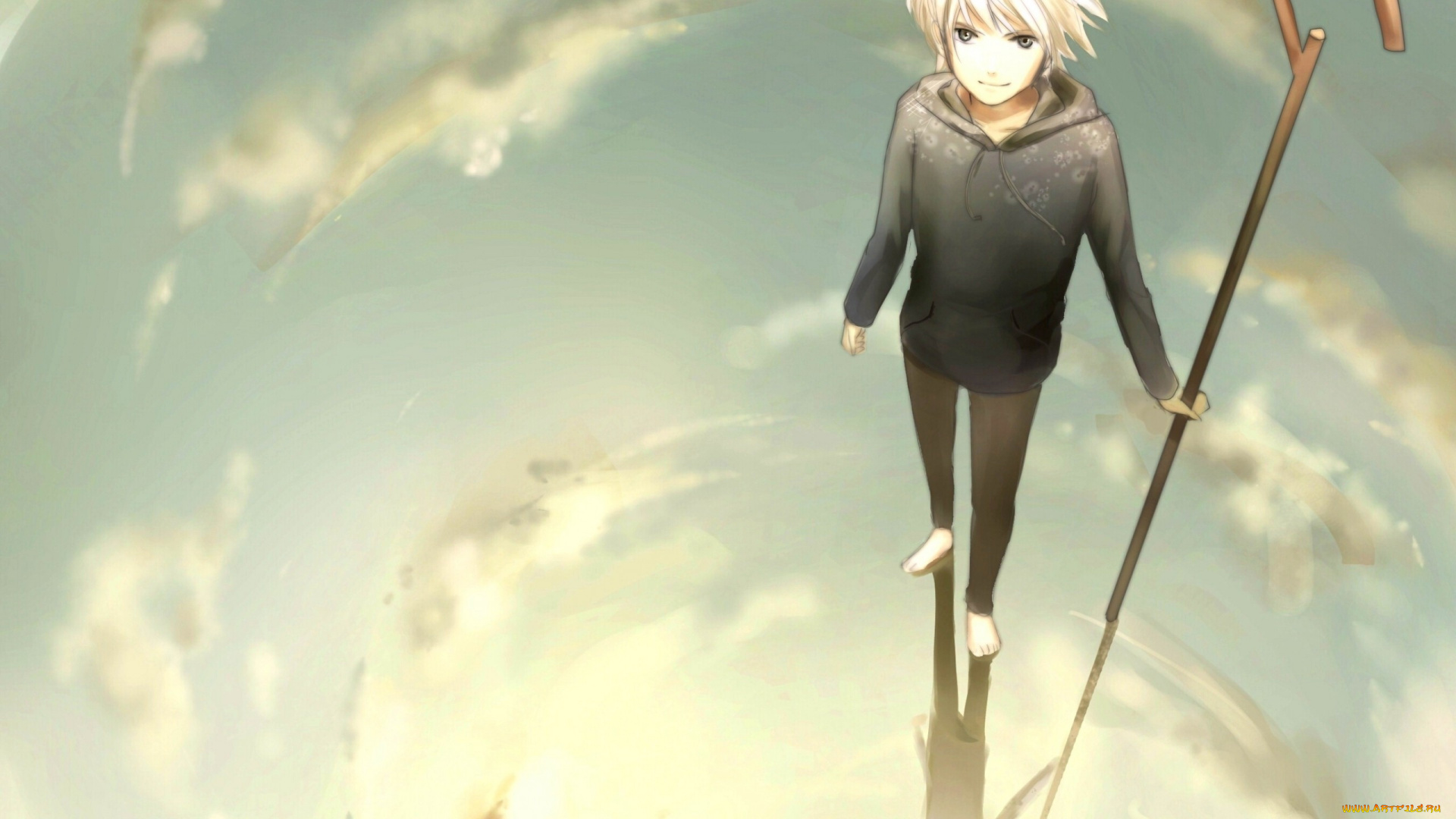 аниме, *unknown, , другое, небо, отражение, вода, парень, jack, frost, rise, of, the, guardians, escente, арт, хранители, снов, трость, облака