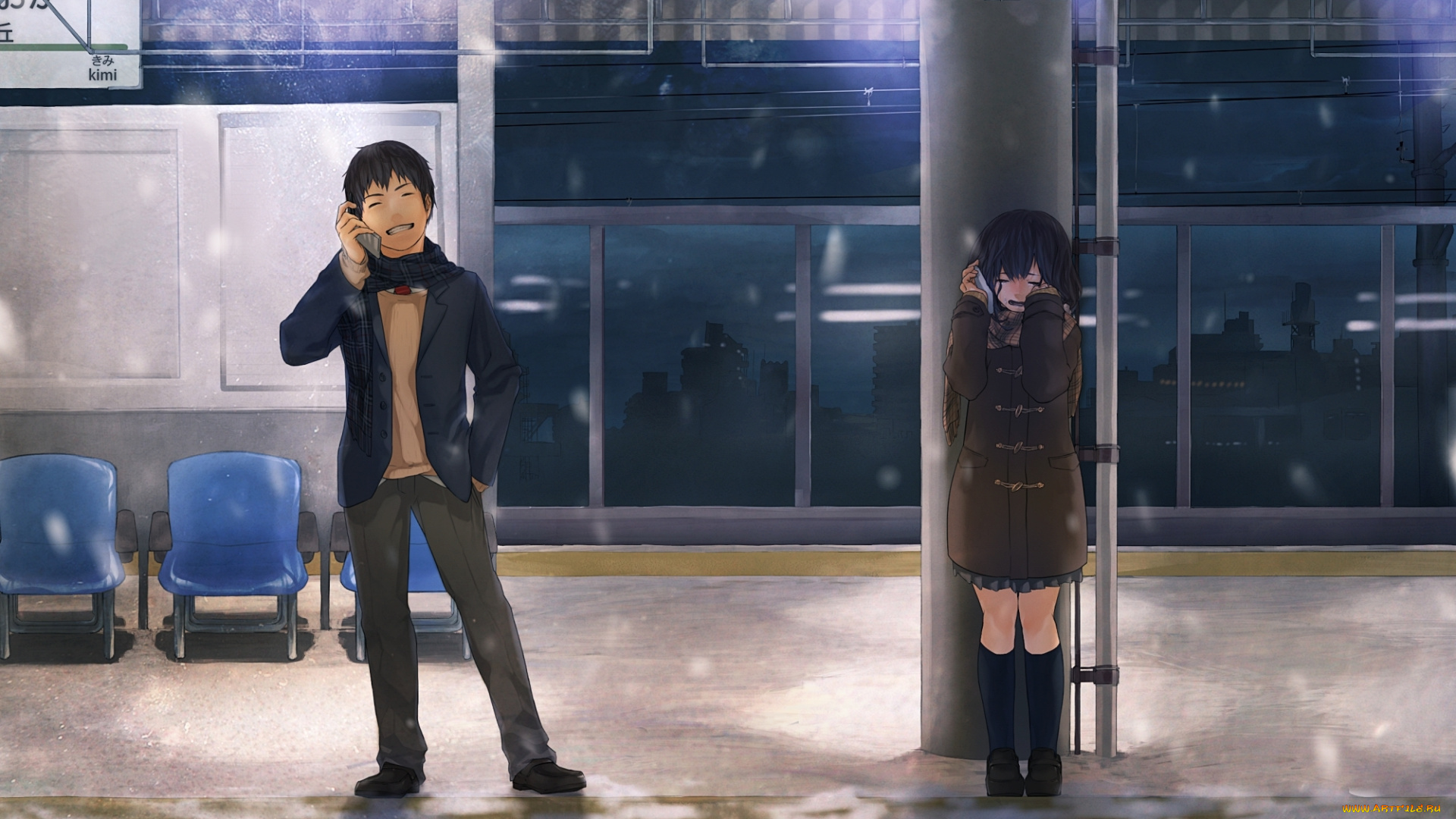 аниме, *unknown, , другое, разговор, снег, мобильник, перрон, парень, девушка, senni, эмоции, арт
