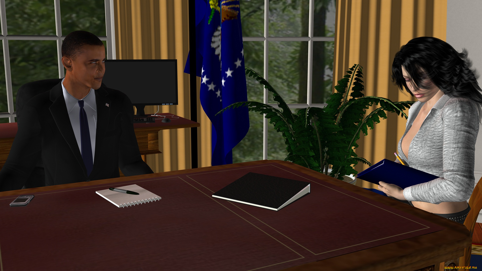 oval, office, 3д, графика, people, , люди, девушка, секретарка, стол, офис, взгляд