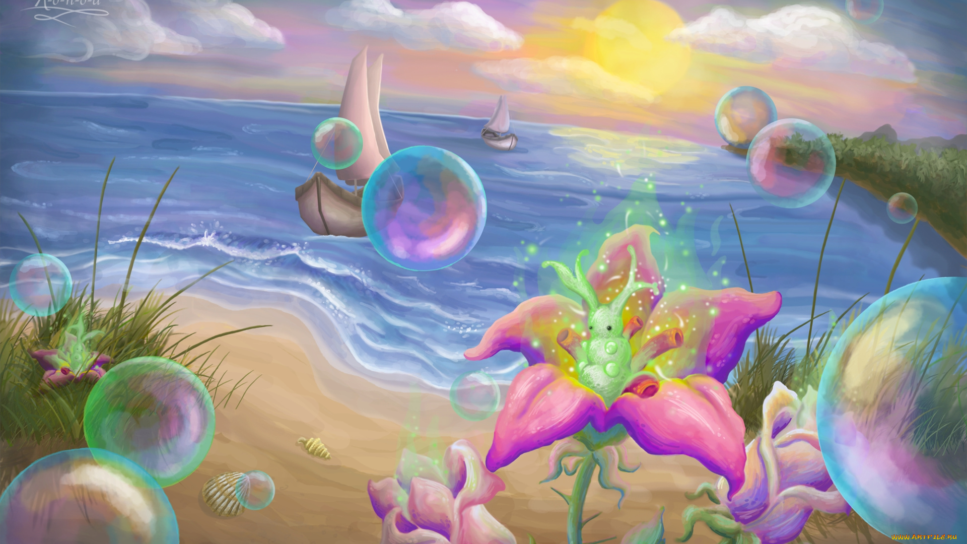 рисованные, -, другое, море, лодка, пузырки, цвты, облака, песок, ракушки