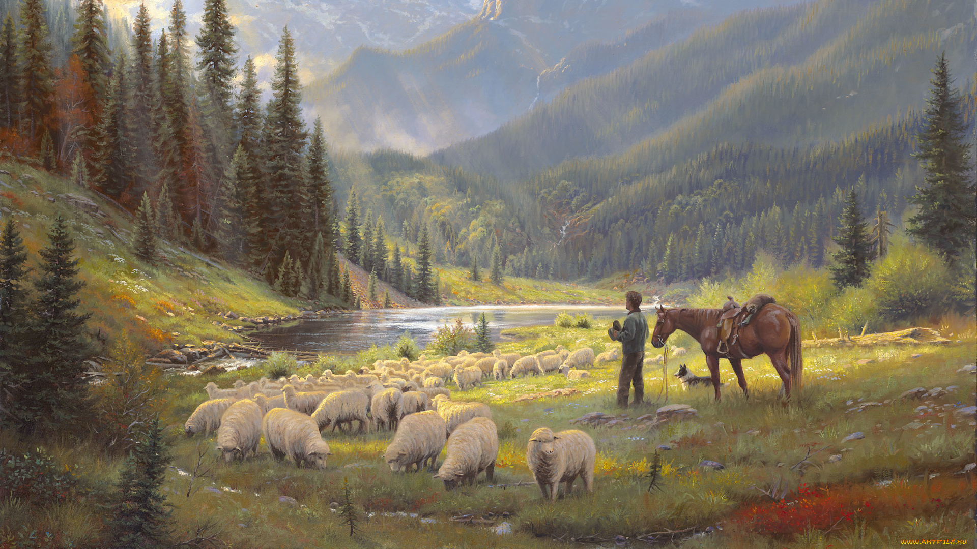 рисованные, живопись, небо, овцы, собака, конь, пастух, река, горы, лес, свет