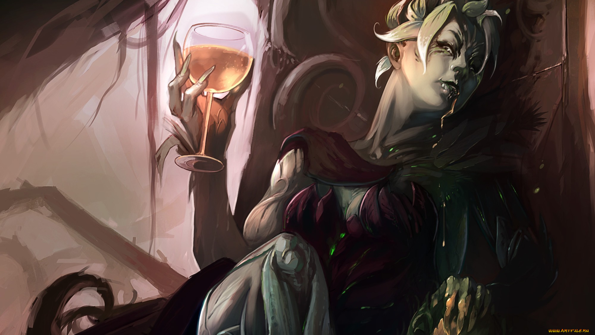 видео, игры, guild, wars, 2, демоница, бокал, девушка, guild, wars, 2, арт