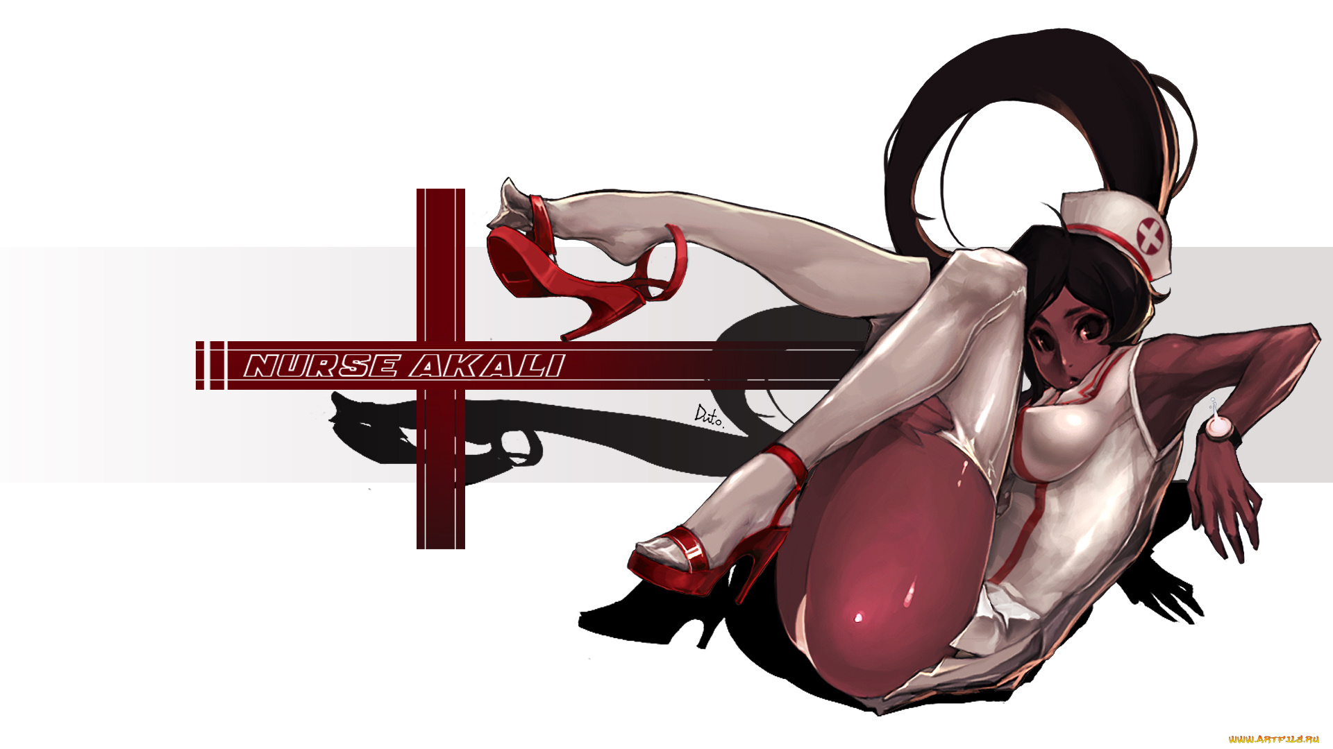 видео, игры, league, of, legends, каблуки, костюм, медсестры, лежит, девушка, игра, akali, league, of, legends, белый, фон, красные, туфли, поза