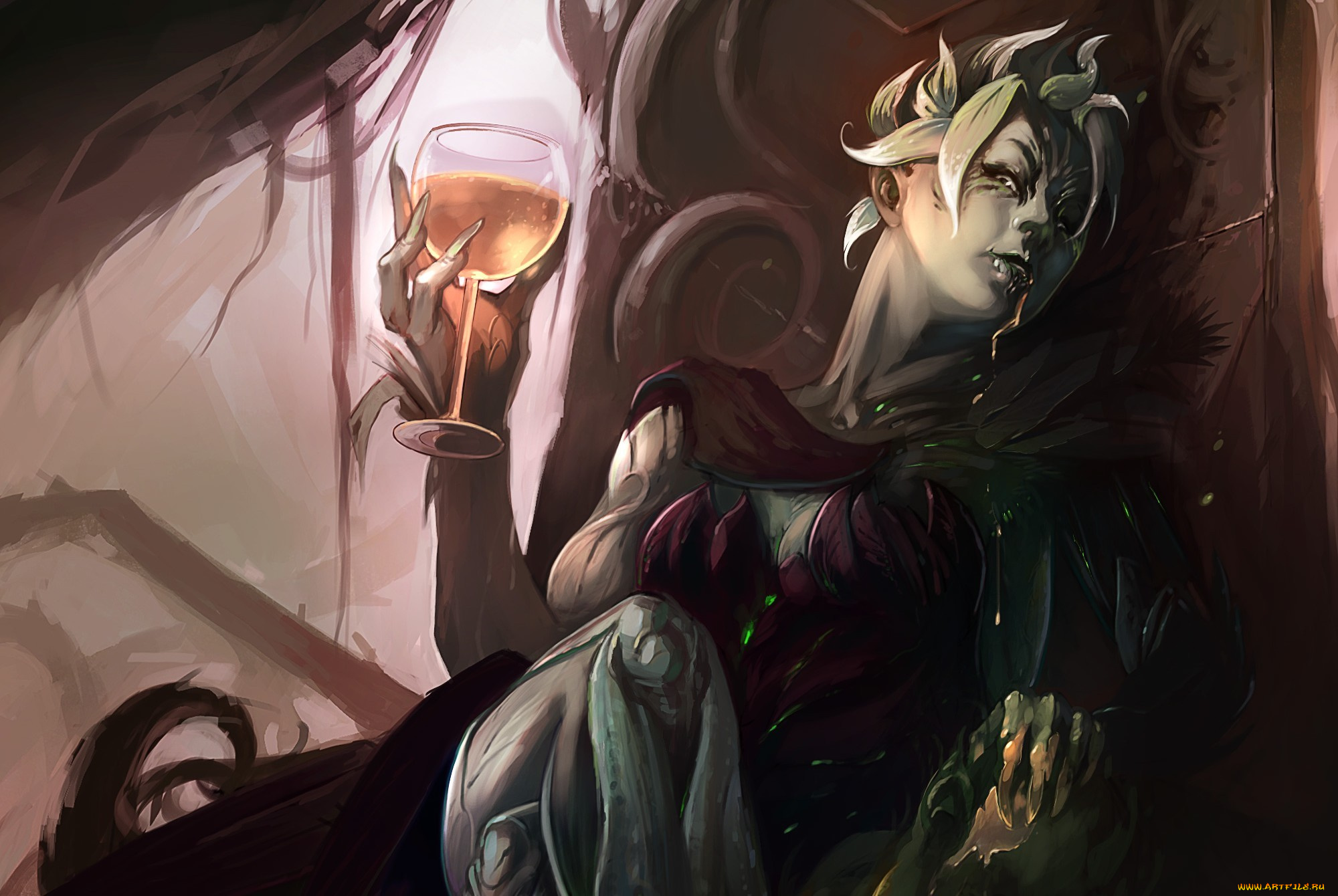 видео, игры, guild, wars, 2, демоница, бокал, девушка, guild, wars, 2, арт