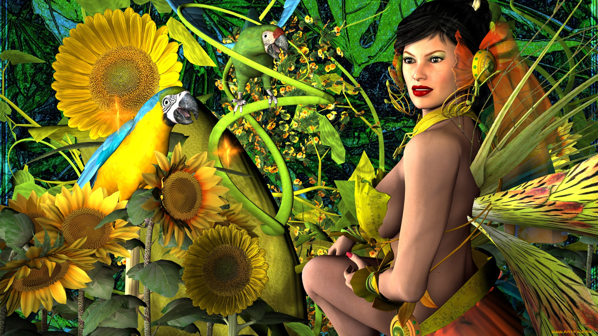 3д, графика, люди, , people, девушка, взгляд, фон, подсолнухи, растение, попугаи