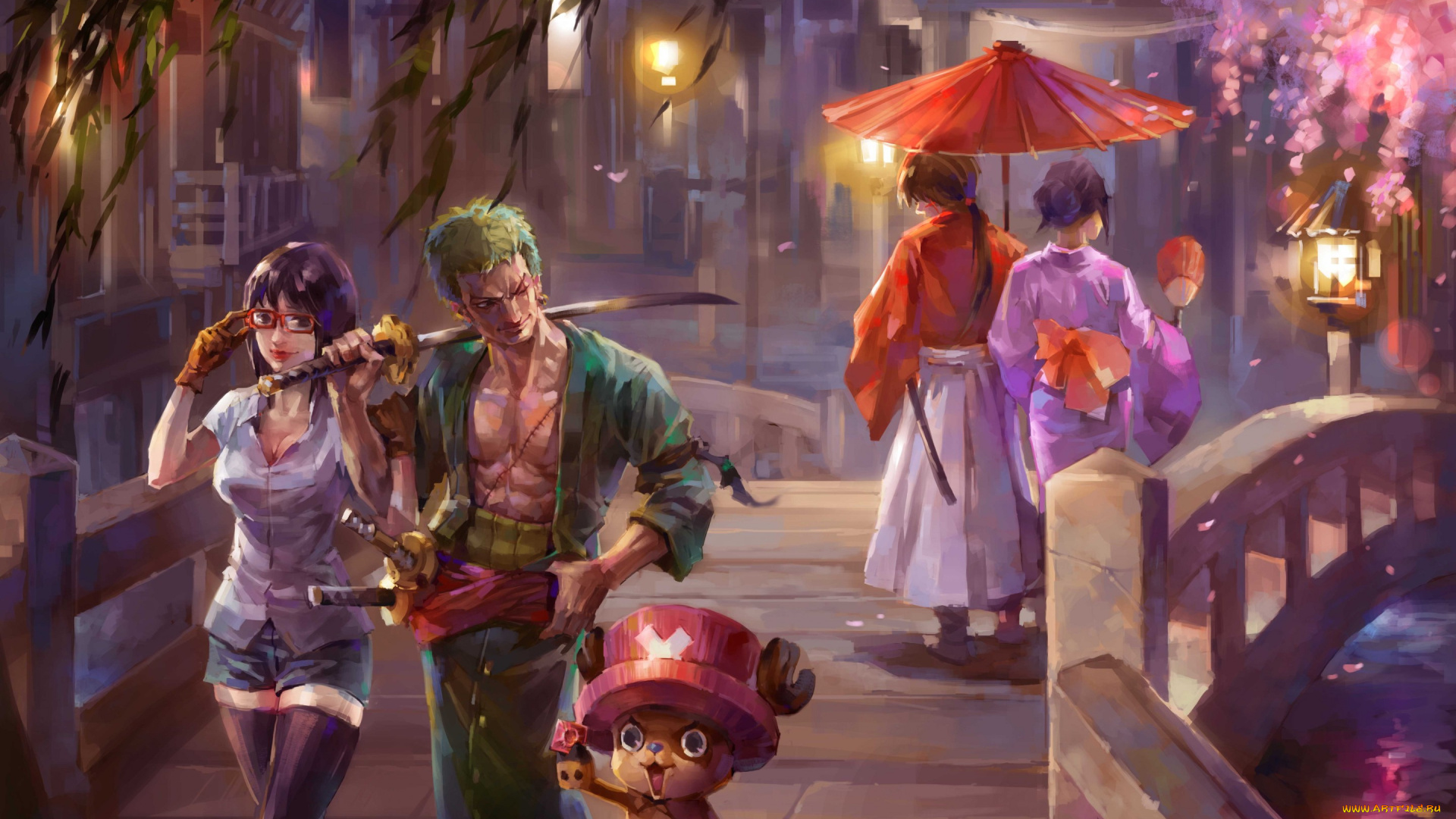 аниме, dragon, ball, арт, город, девушка, парень, катана, прогулка, мост, сакура, зонт