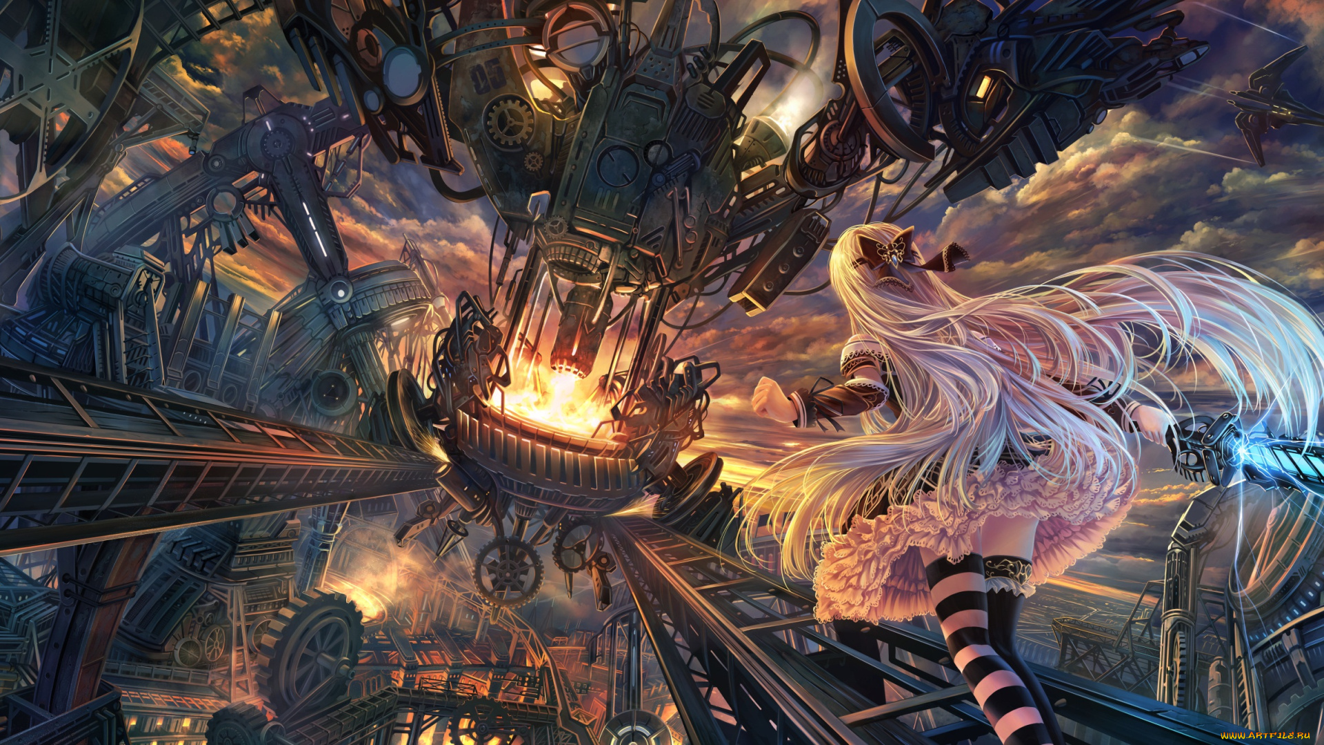 аниме, оружие, , техника, , технологии, арт, soraizumi, меч, девушка, шестерни, механизм, небо, облака