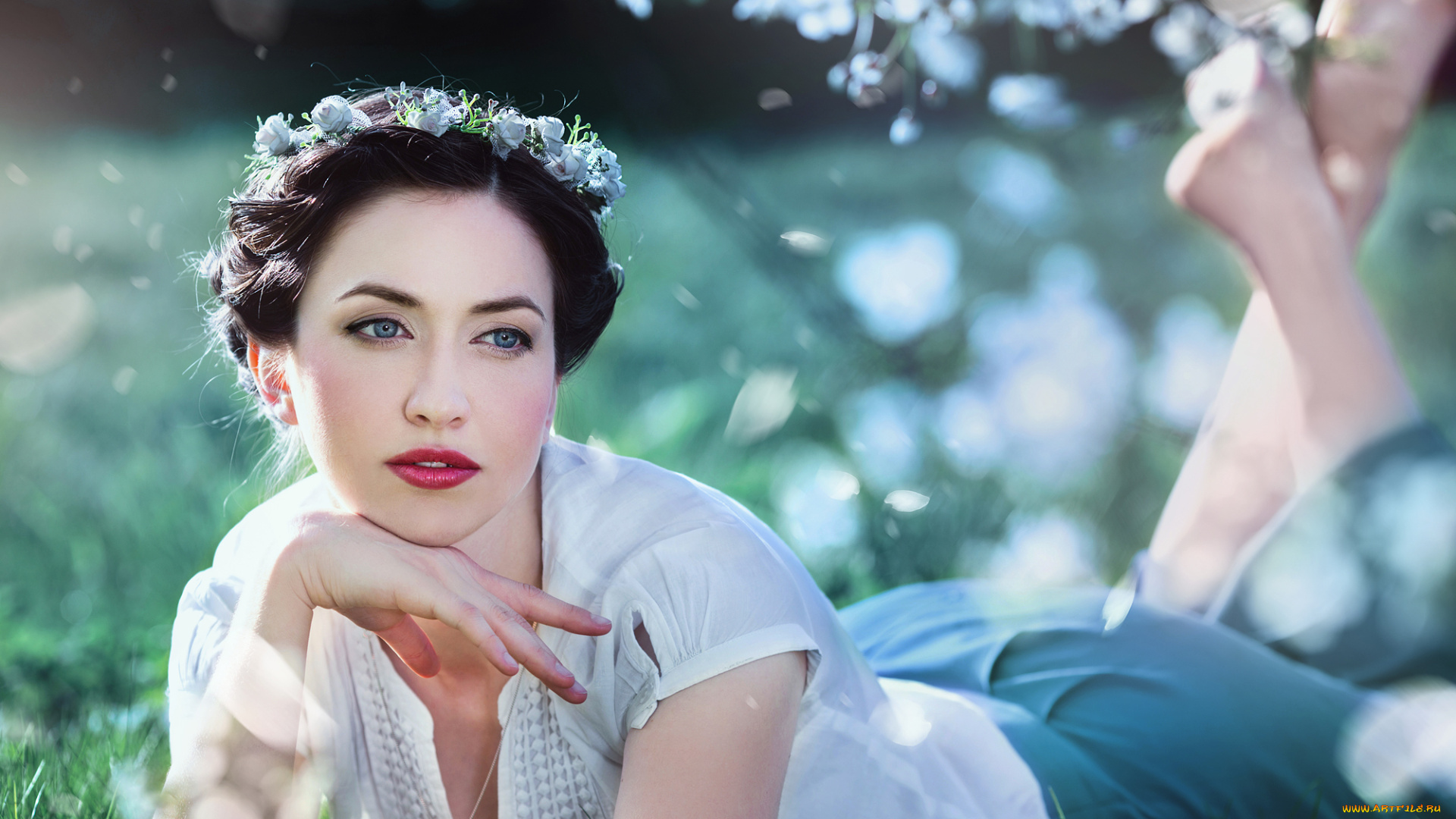 девушки, -unsort, , брюнетки, , шатенки, образ, веночек, брюнетка, весна, вишня, красавица