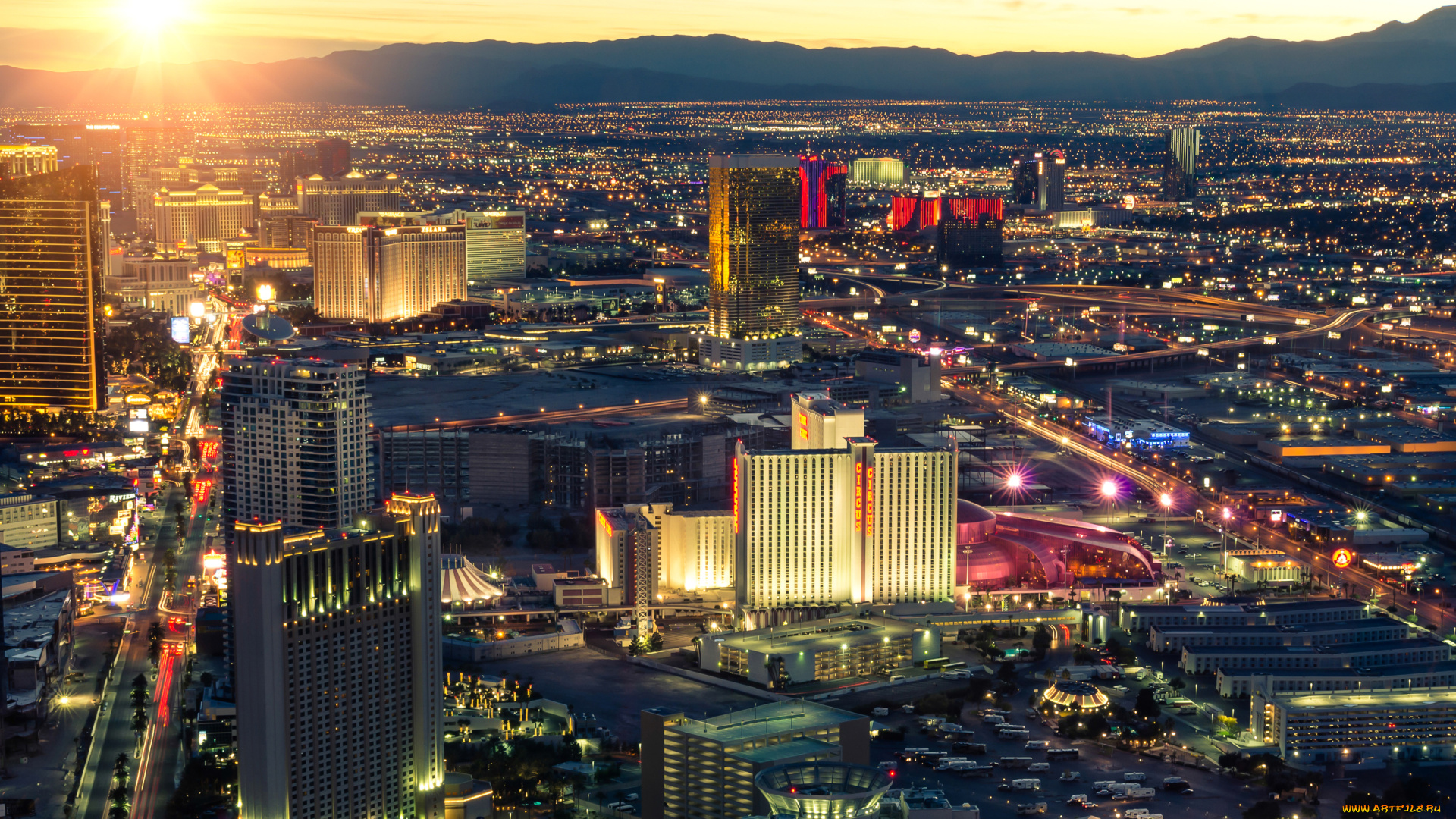 города, лас-вегас, , сша, огни, дома, мегаполис, лас-вегас, лучи, солнца, восход, панорама