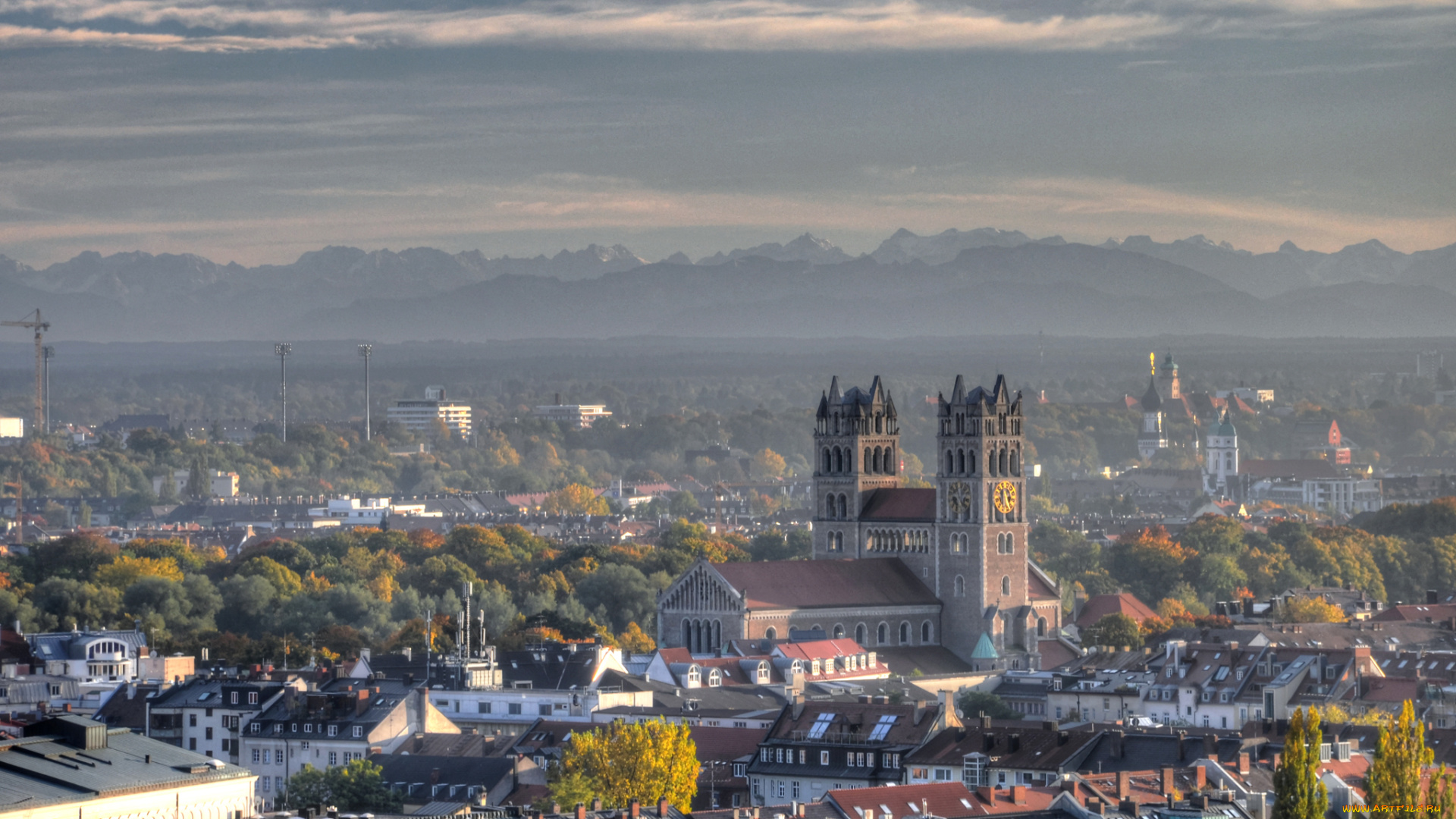 города, мюнхен, , германия, дома, munich, башни, часы, деревья, горы, пейзаж