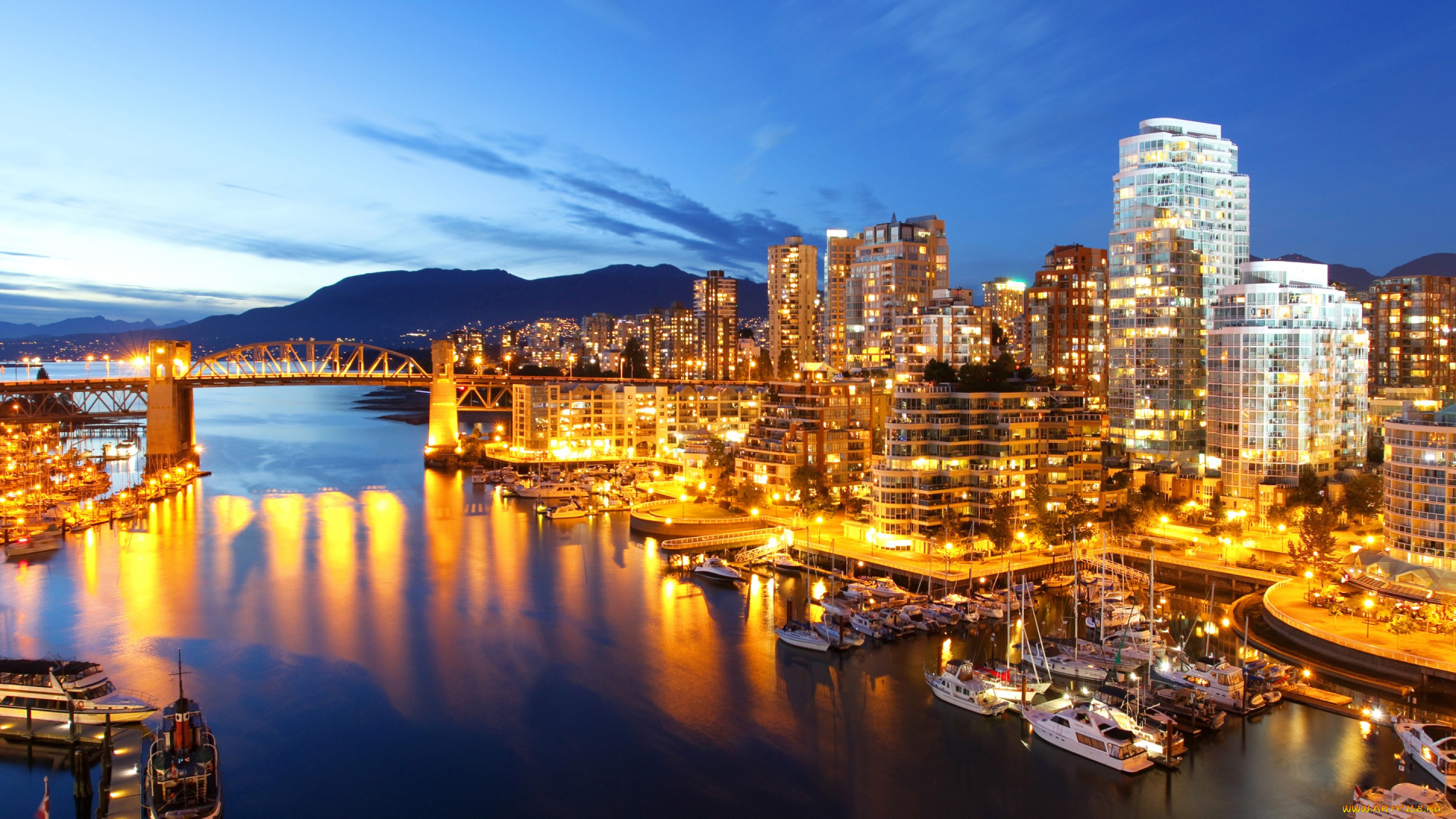 города, ванкувер, , канада, набережная, фонари, ночь, огни, причаля, дома, теплоходы, ванкувер, мост, река, катера, лодки, горы, пейзаж