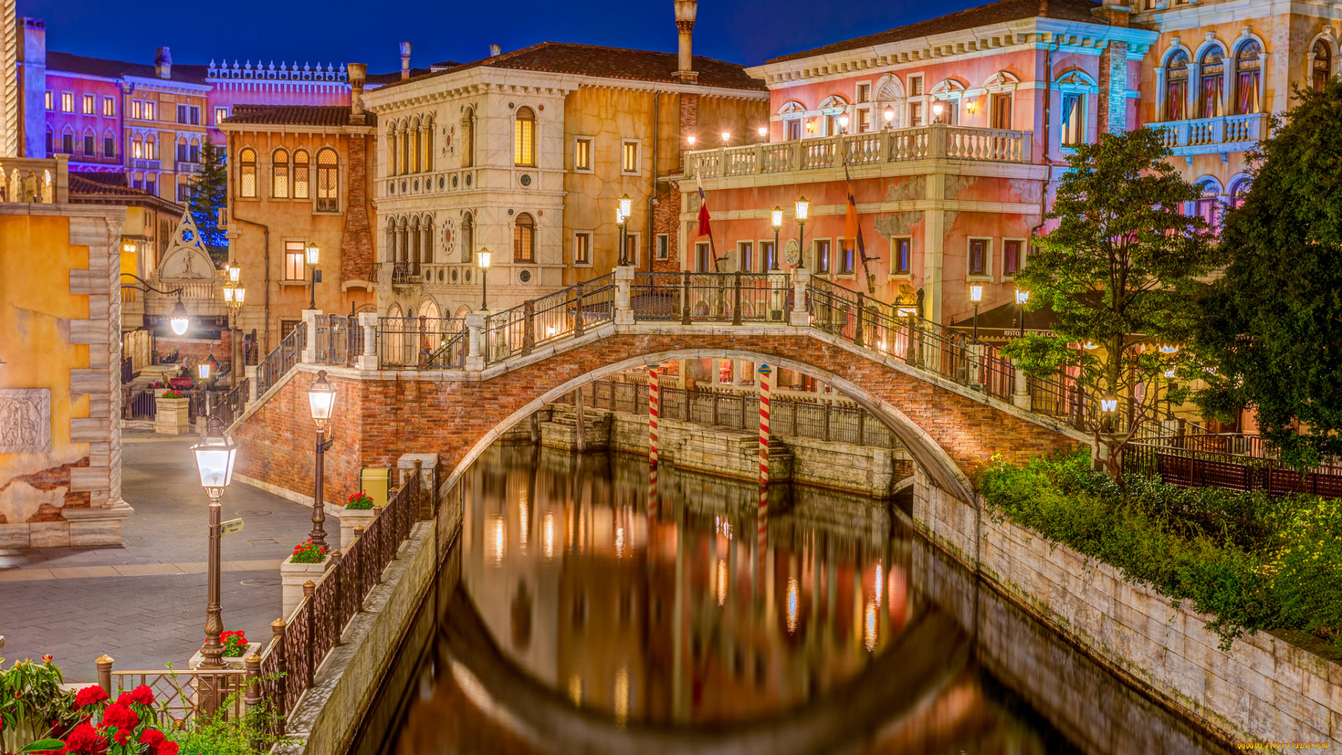 города, венеция, , италия, венеция, парк, развлечений, Япония, дома, токио, канал, огни, ночь, ураясу, tokyo, disneysea