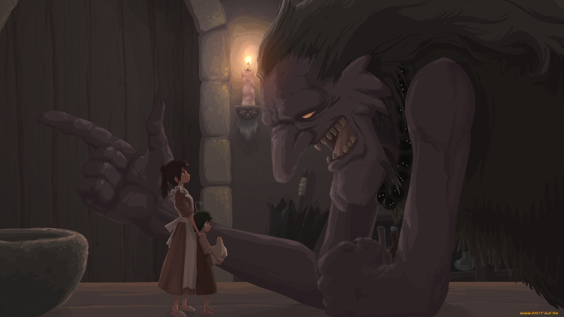 рисованное, кино, девушки, взгляд, фон, монстр, свеча
