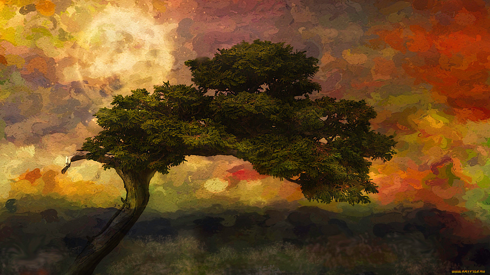 рисованное, живопись, пейзаж, дерево, природа, небо, облака, солнце