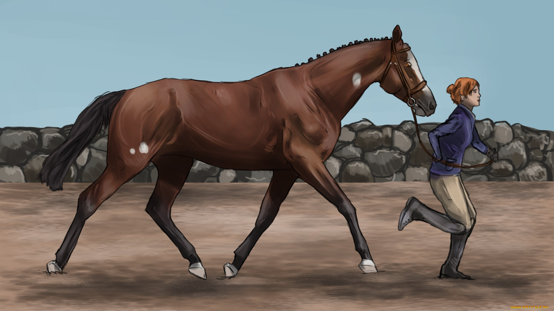 рисованное, животные, , лошади, взгляд, ипподром, девушка, забор, лошадь, фон