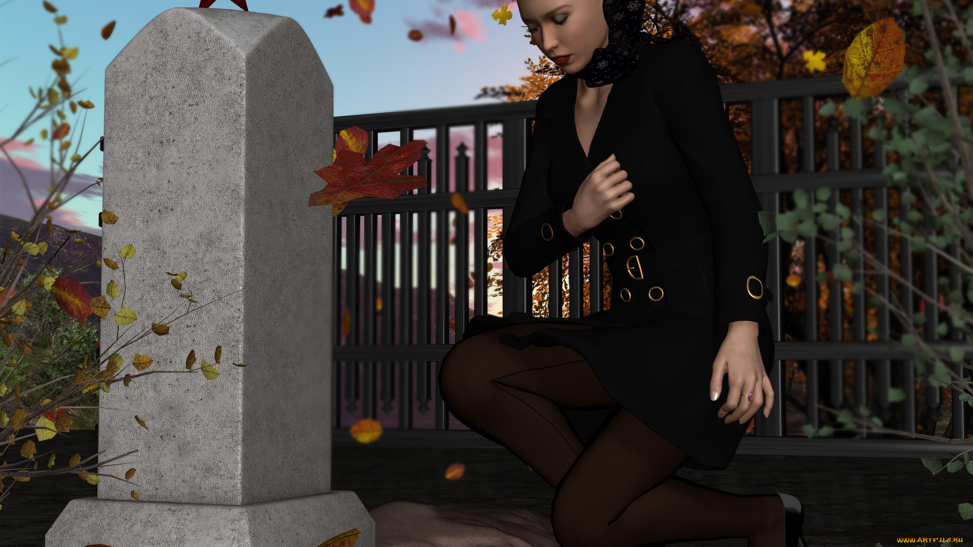 she, wolf, ii, 3д, графика, фантазия, , fantasy, девушка, взгляд, фон, обелиск