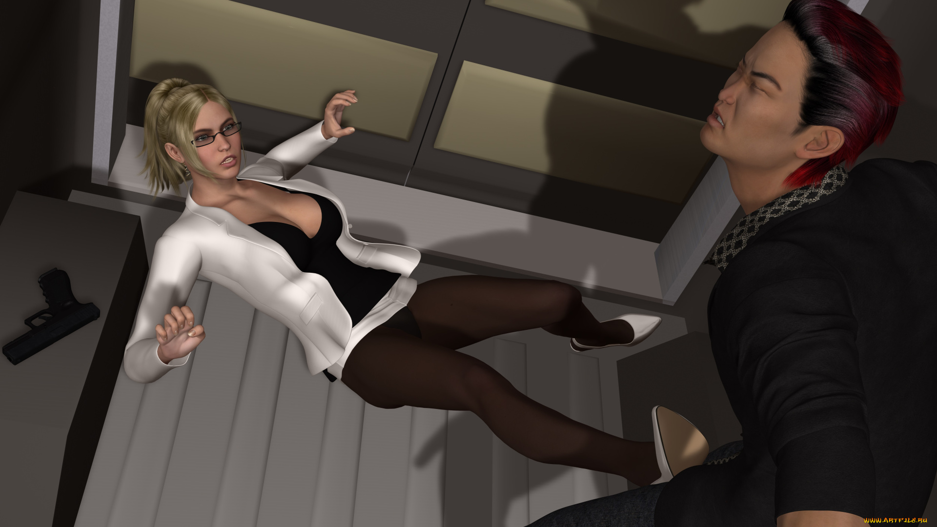 she, wolf, ii, 3д, графика, фантазия, , fantasy, взгляд, девушка, парень, удар, фон