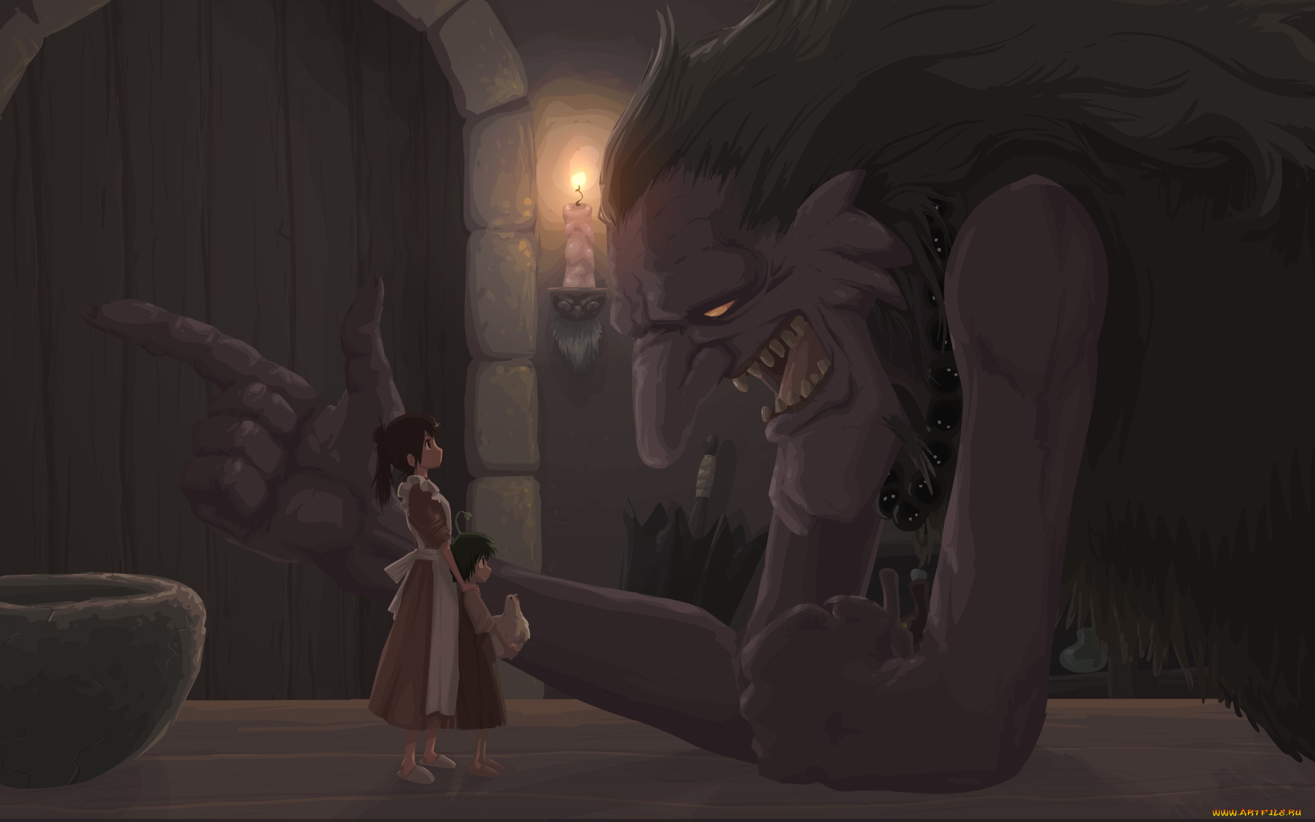рисованное, кино, девушки, взгляд, фон, монстр, свеча