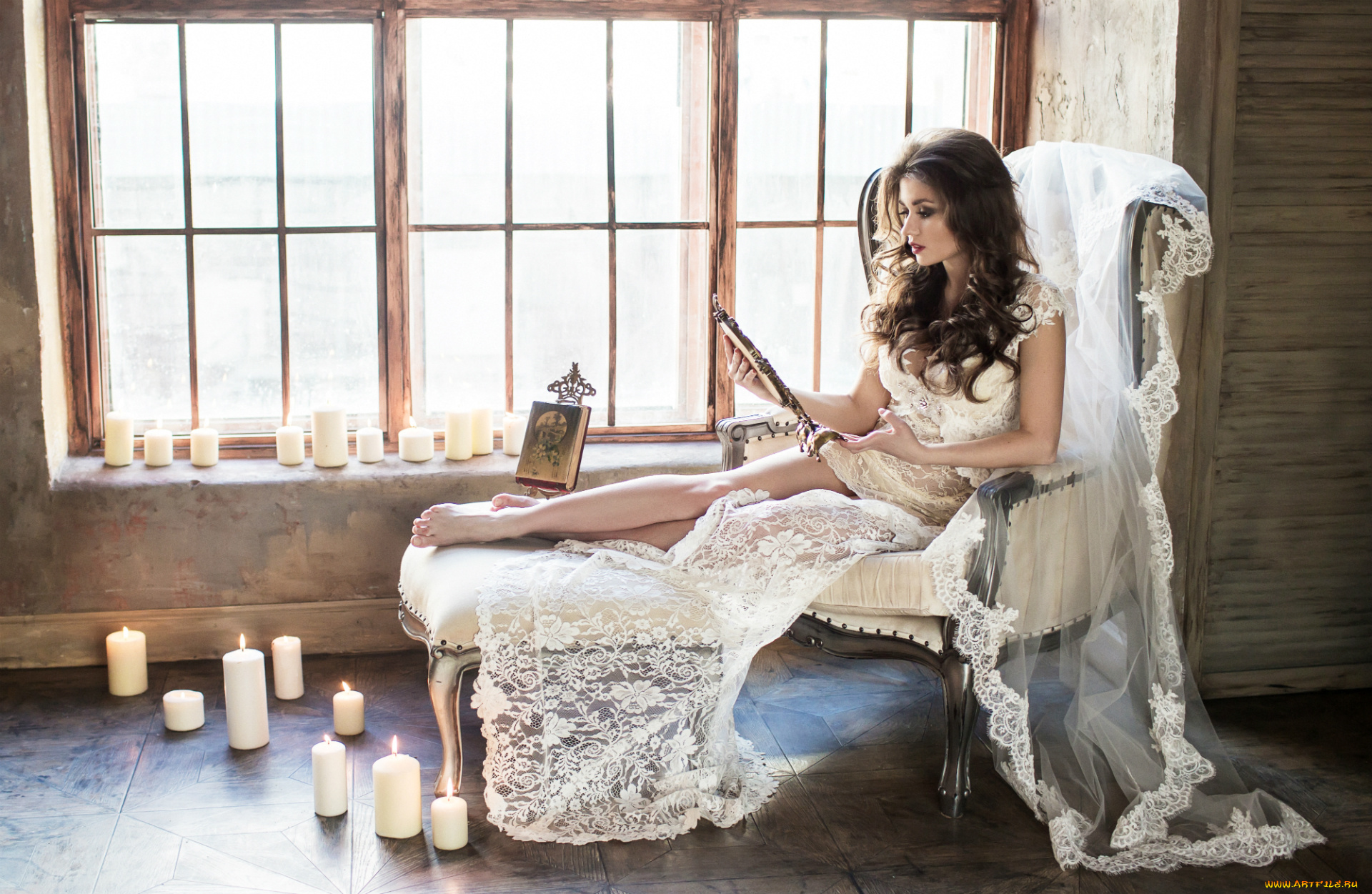 девушки, -unsort, , брюнетки, , шатенки, свечи, кресло, зеркало, кружева, брюнетка, настроение, окно