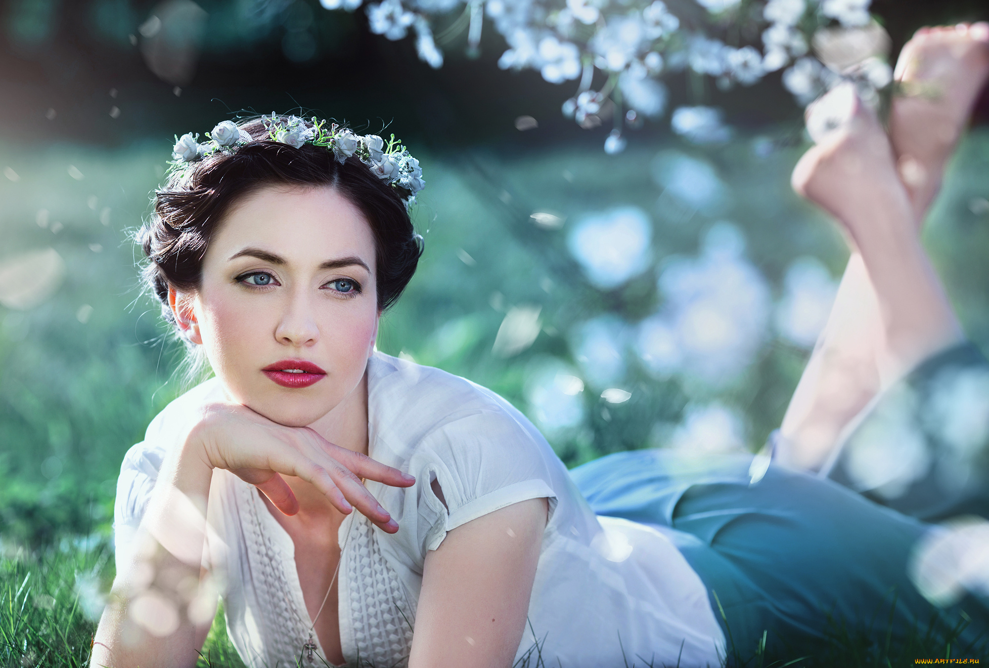 девушки, -unsort, , брюнетки, , шатенки, образ, веночек, брюнетка, весна, вишня, красавица