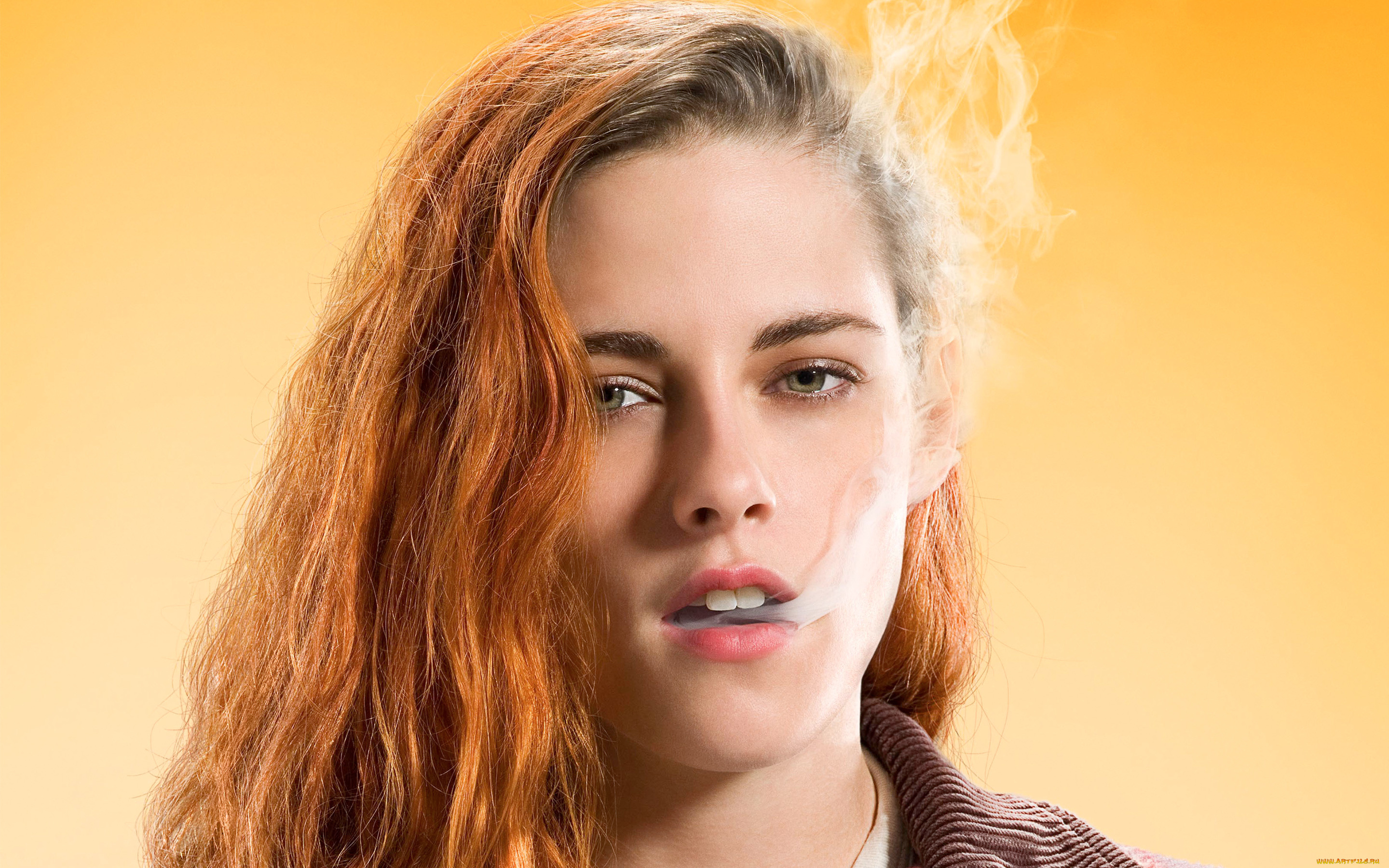 кино, фильмы, american, ultra, ультраамериканцы, american, ultra, кристен, стюарт, kristen, stewart, рыжая, лицо, дым, фон, желтый