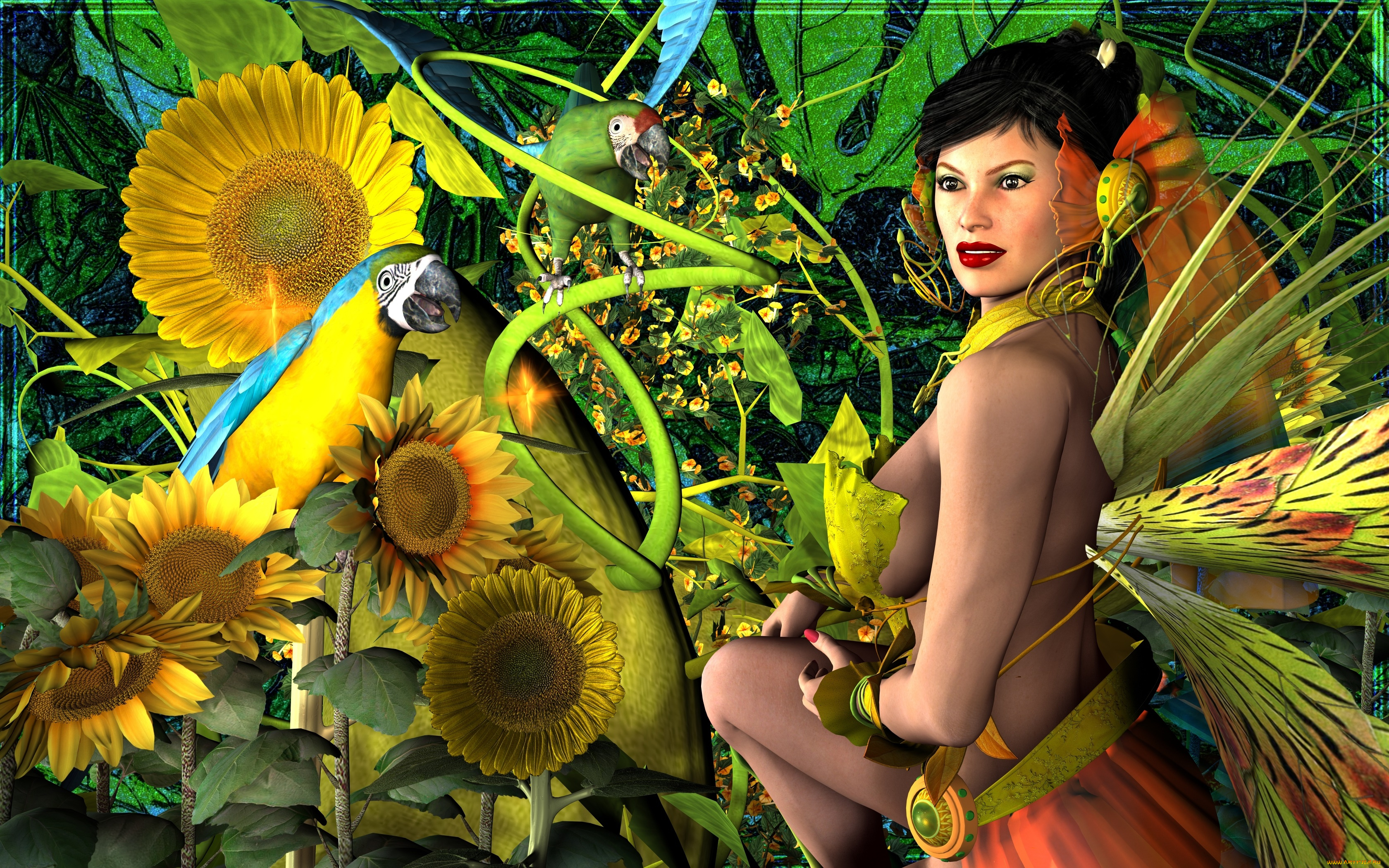 3д, графика, люди, , people, девушка, взгляд, фон, подсолнухи, растение, попугаи