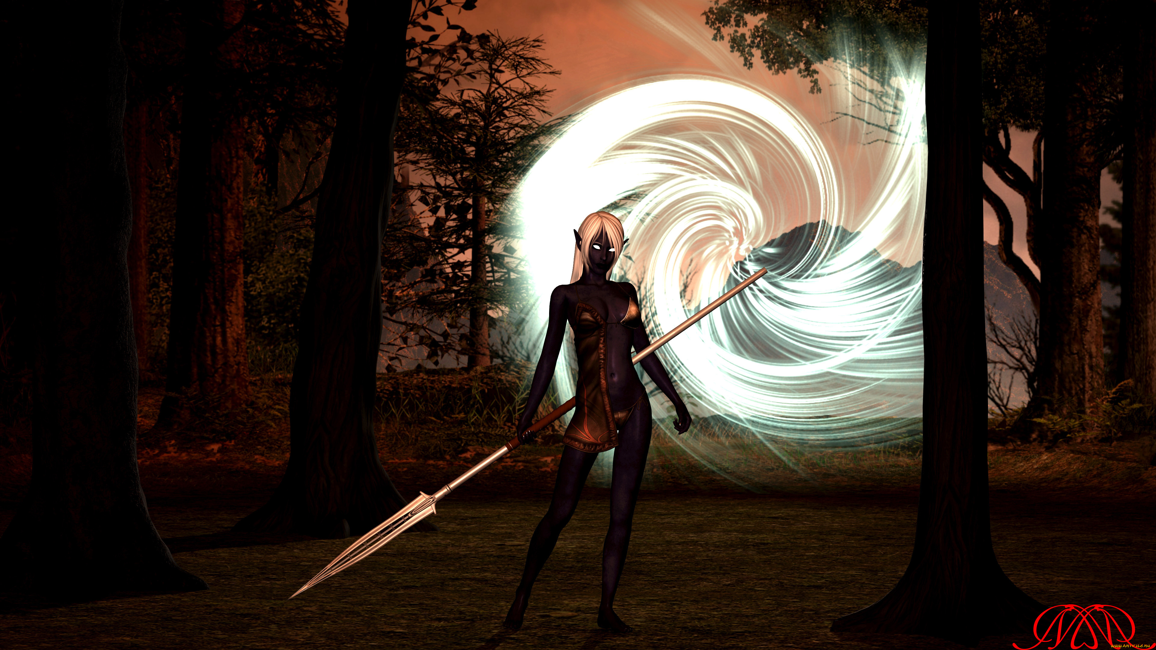 3д, графика, эльфы, , elves, эльфийка, взгляд, фон, оружие, лес, горы