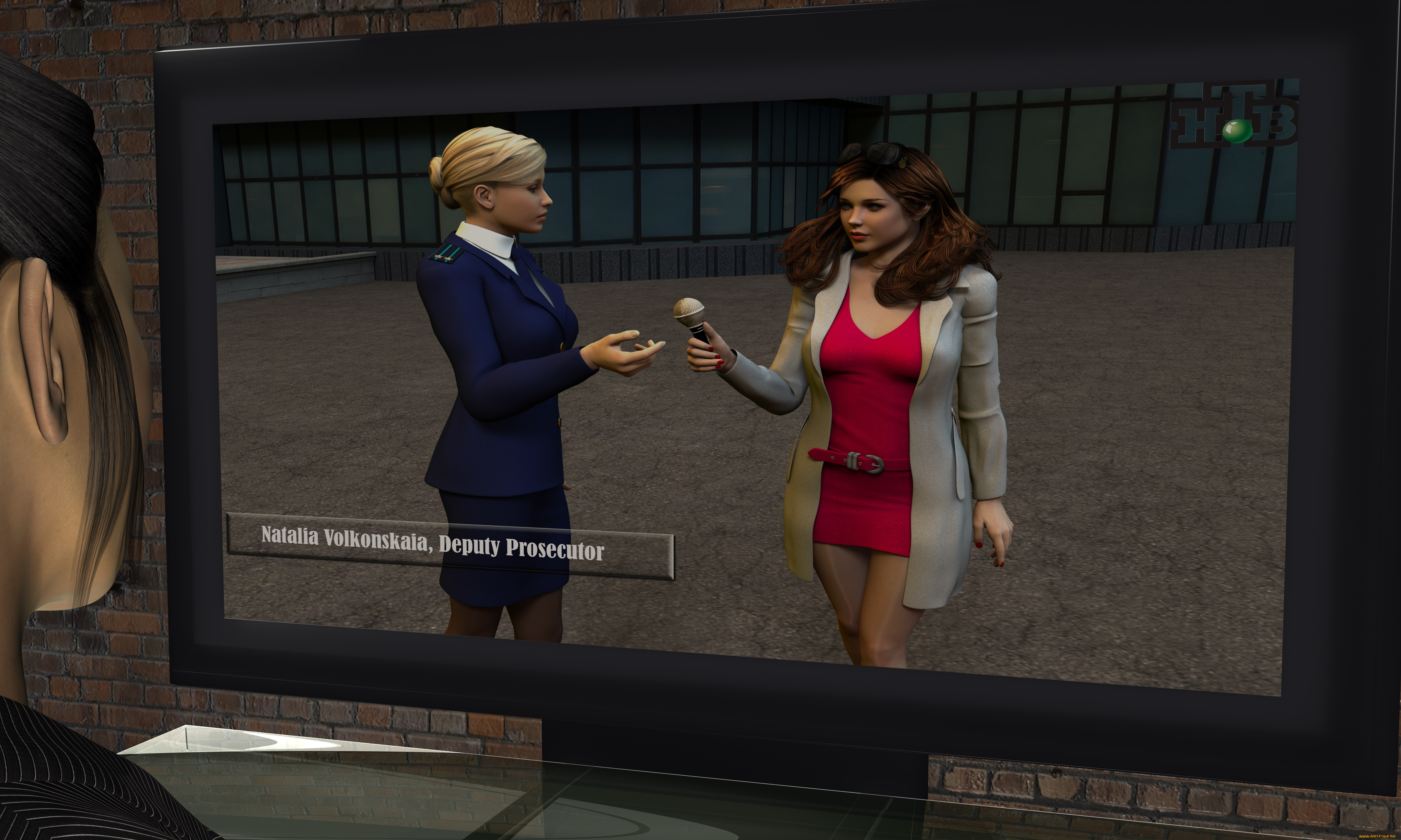 3д, графика, фантазия, , fantasy, девушка, взгляд, фон, микрофон, журналист