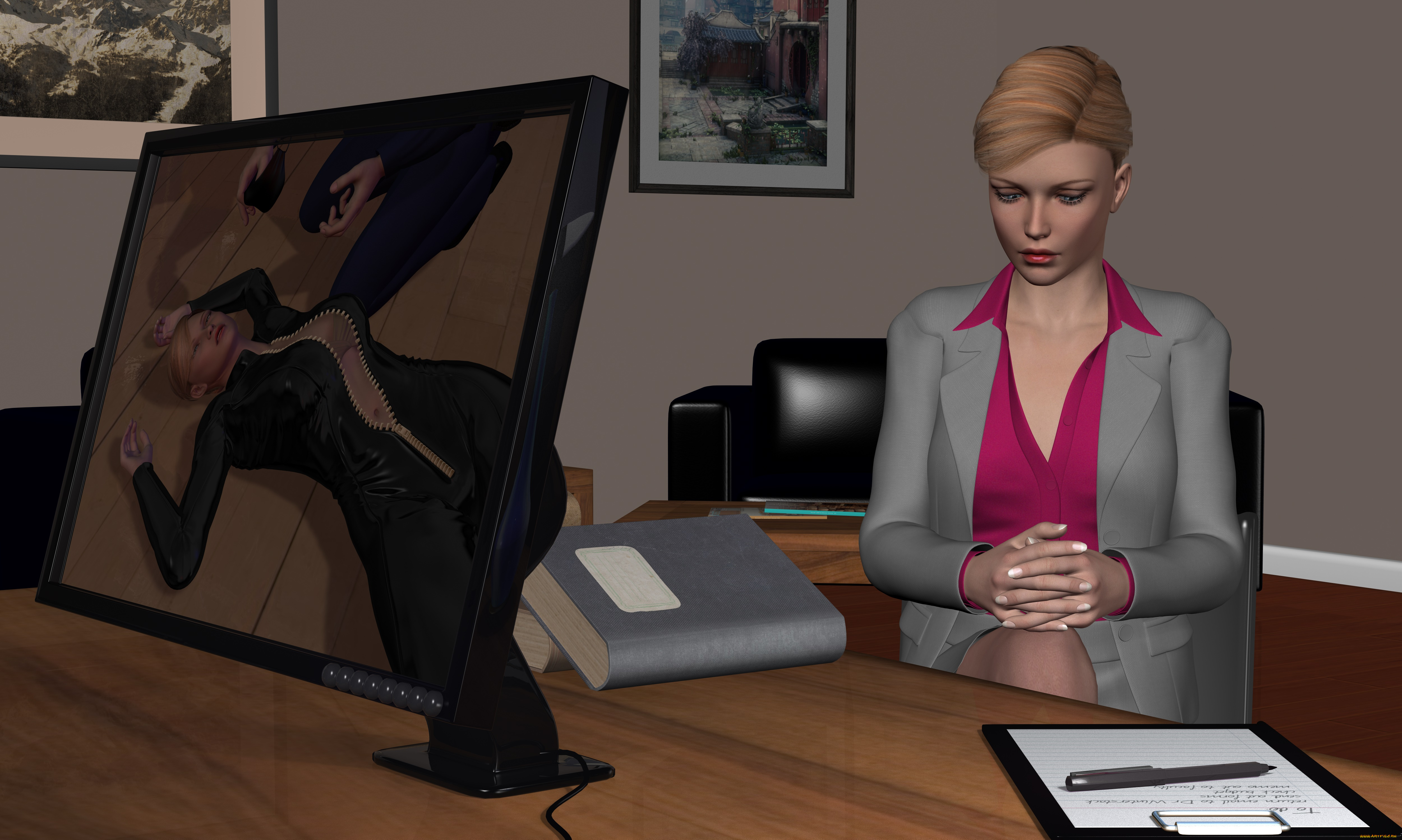 she, wolf, ii, 3д, графика, фантазия, , fantasy, стол, фон, взгляд, девушка, картины, книги