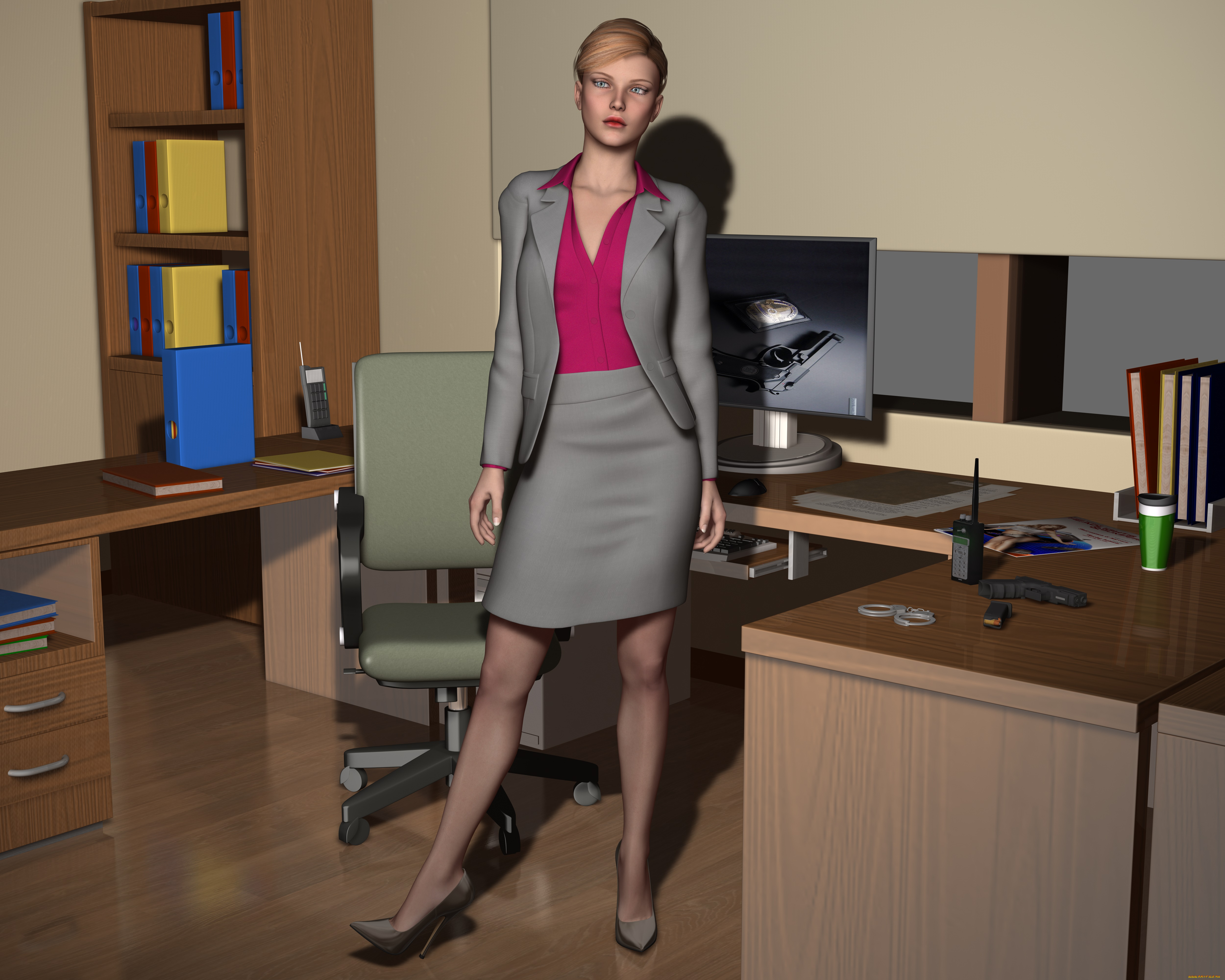 3д, графика, люди, , people, девушка, взгляд, фон, стол, компьютер, книги, кресло