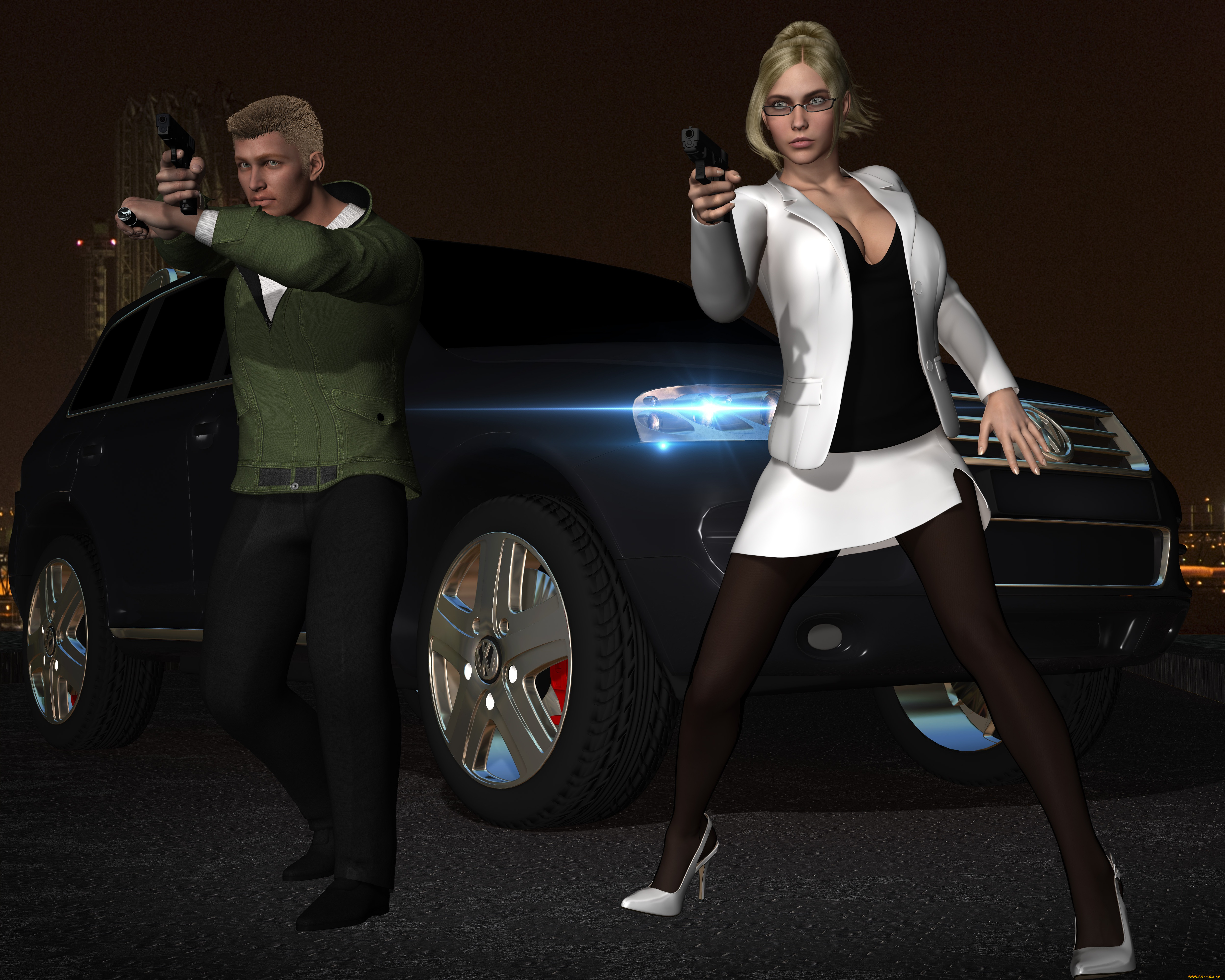 she, wolf, ii, 3д, графика, фантазия, , fantasy, девушка, взгляд, фон, оружие, мужчина, автомобиль