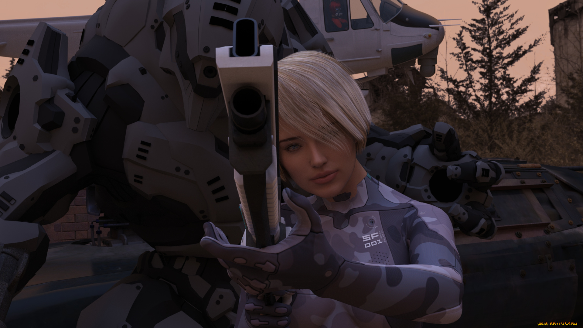 3д, графика, фантазия, , fantasy, фон, оружие, взгляд, девушка