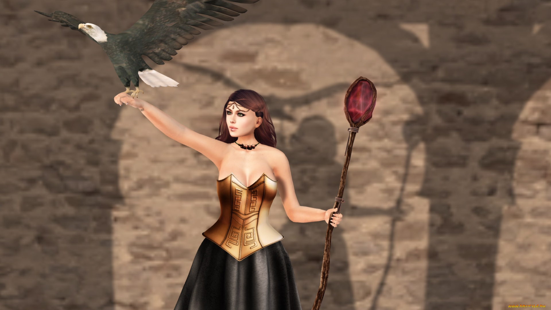 3д, графика, фантазия, , fantasy, орел, тотем, фон, взгляд, девушка