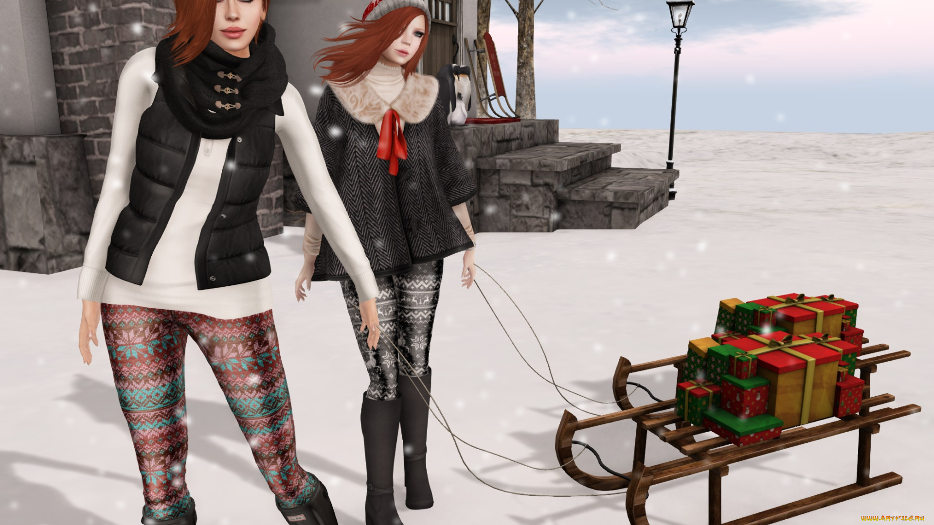 3д, графика, люди, , people, девушки, взгляд, фон, подарки