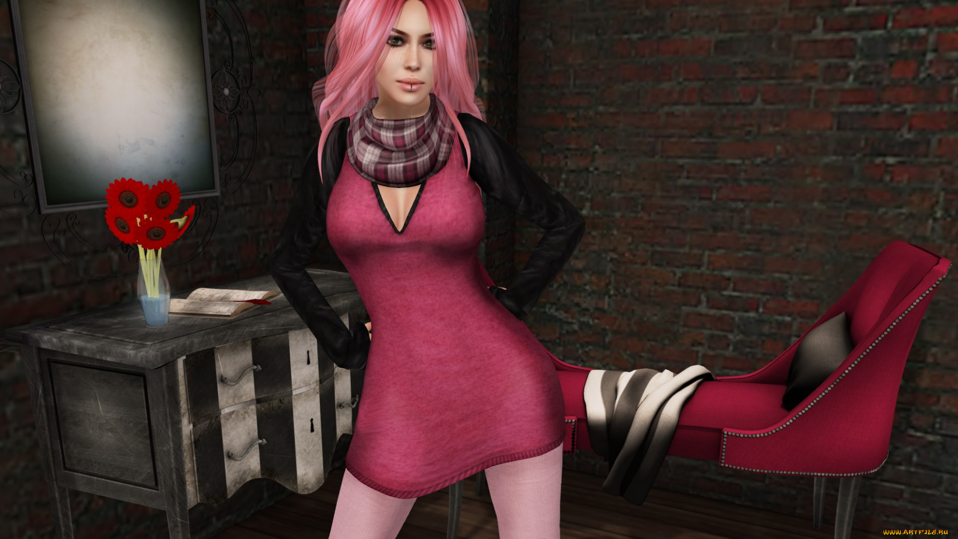 3д, графика, люди, , people, фон, взгляд, девушка, интерьер, рыжая