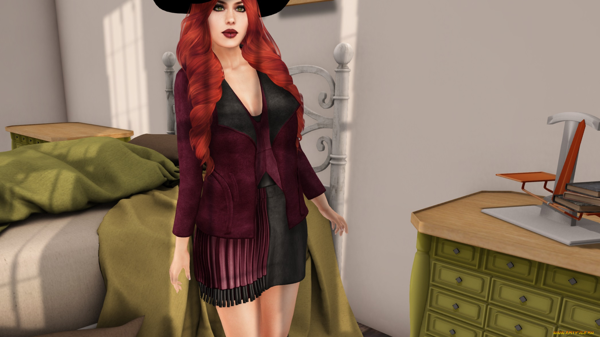 3д, графика, люди, , people, фон, взгляд, девушка, интерьер, рыжая