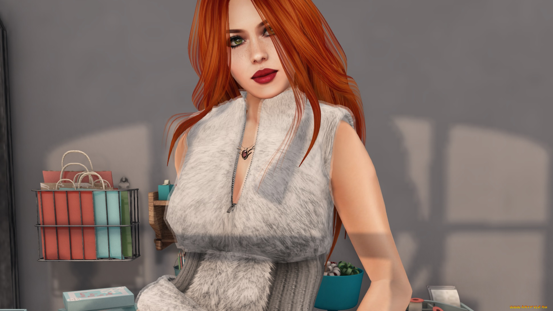 3д, графика, люди, , people, интерьер, рыжая, фон, взгляд, девушка