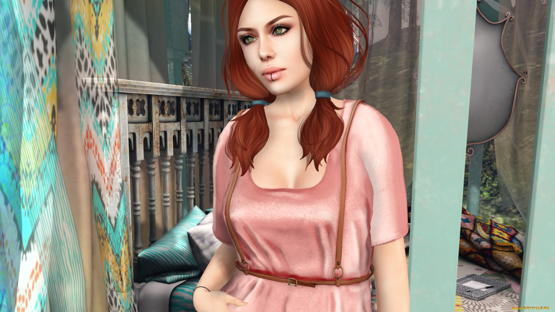 3д, графика, люди, , people, интерьер, рыжая, фон, взгляд, девушка