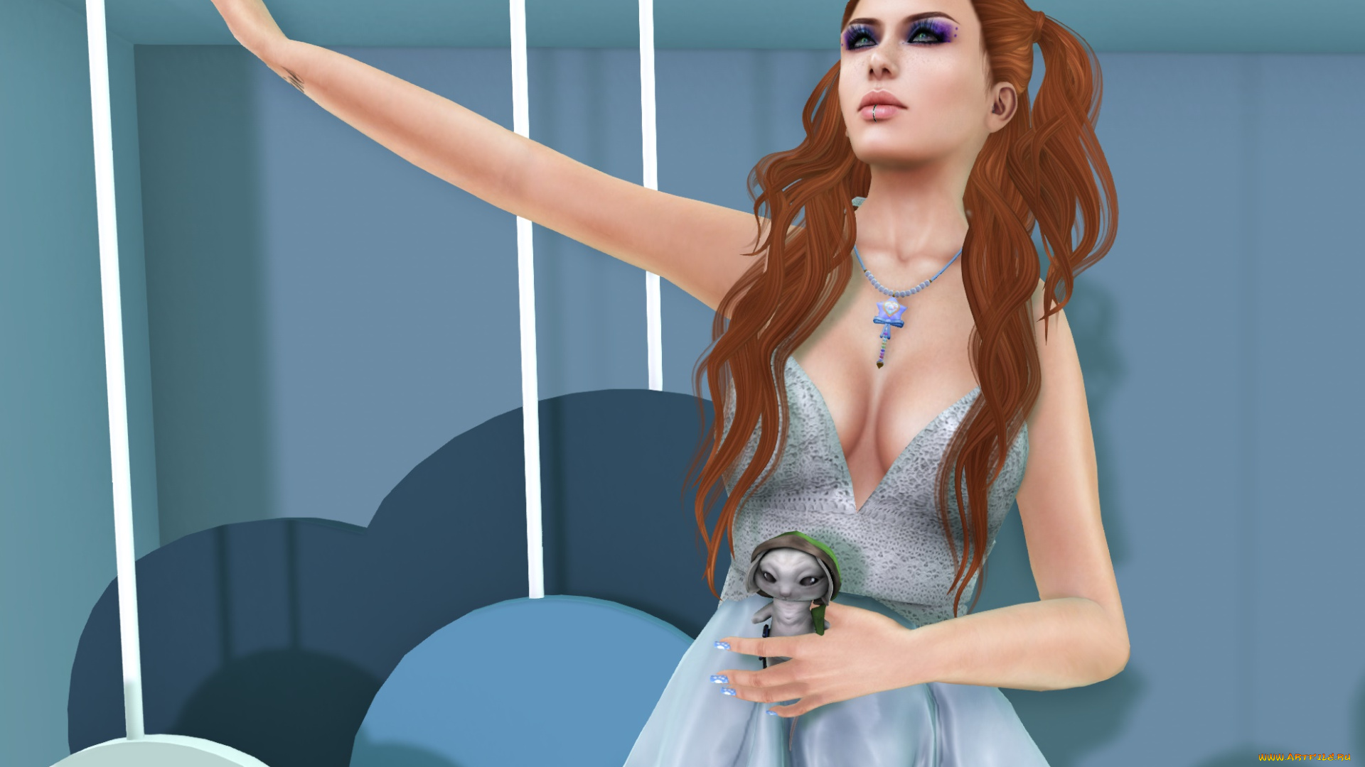 3д, графика, люди, , people, интерьер, рыжая, фон, взгляд, девушка