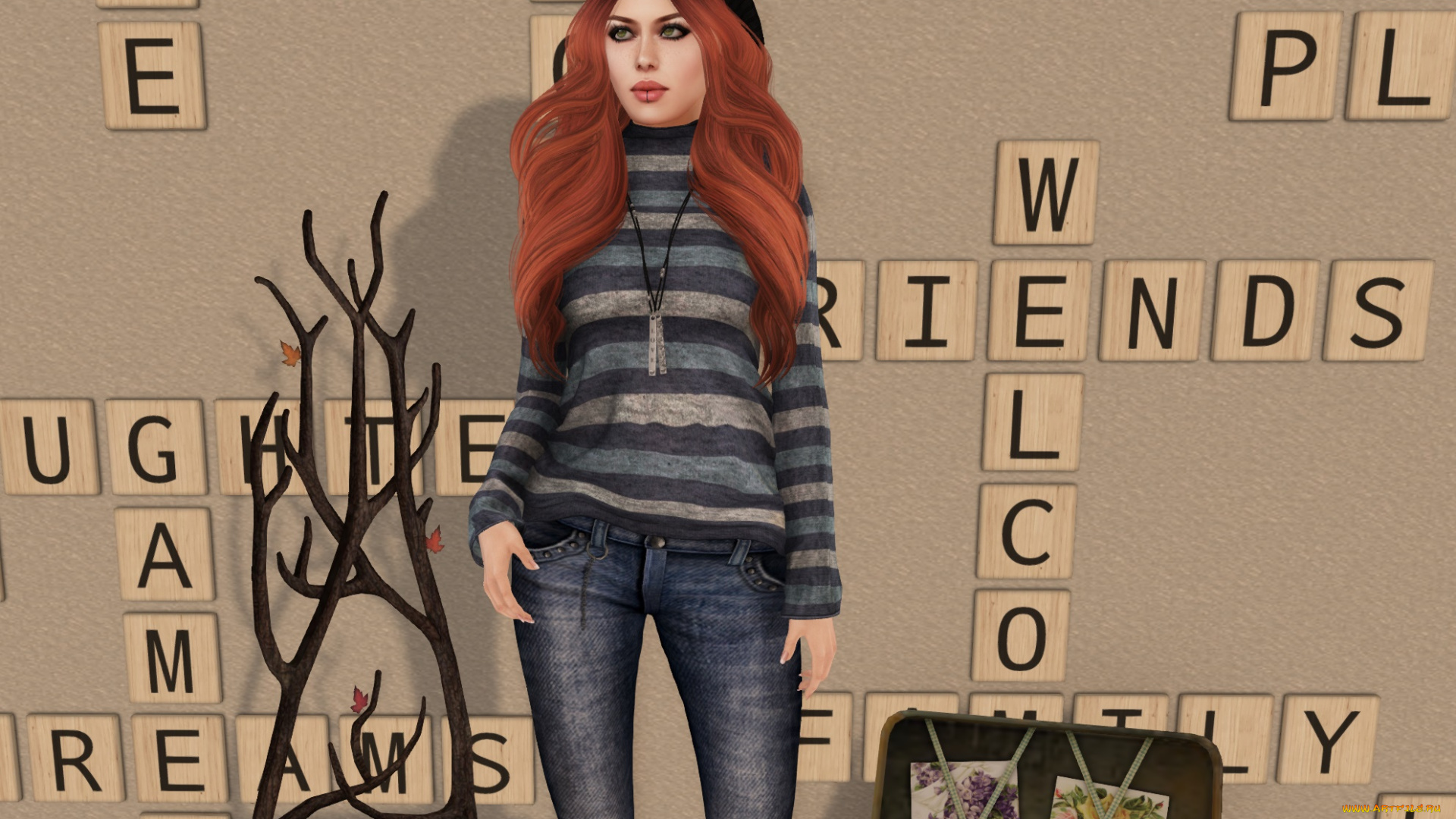 3д, графика, люди, , people, рыжая, девушка, взгляд, интерьер, фон