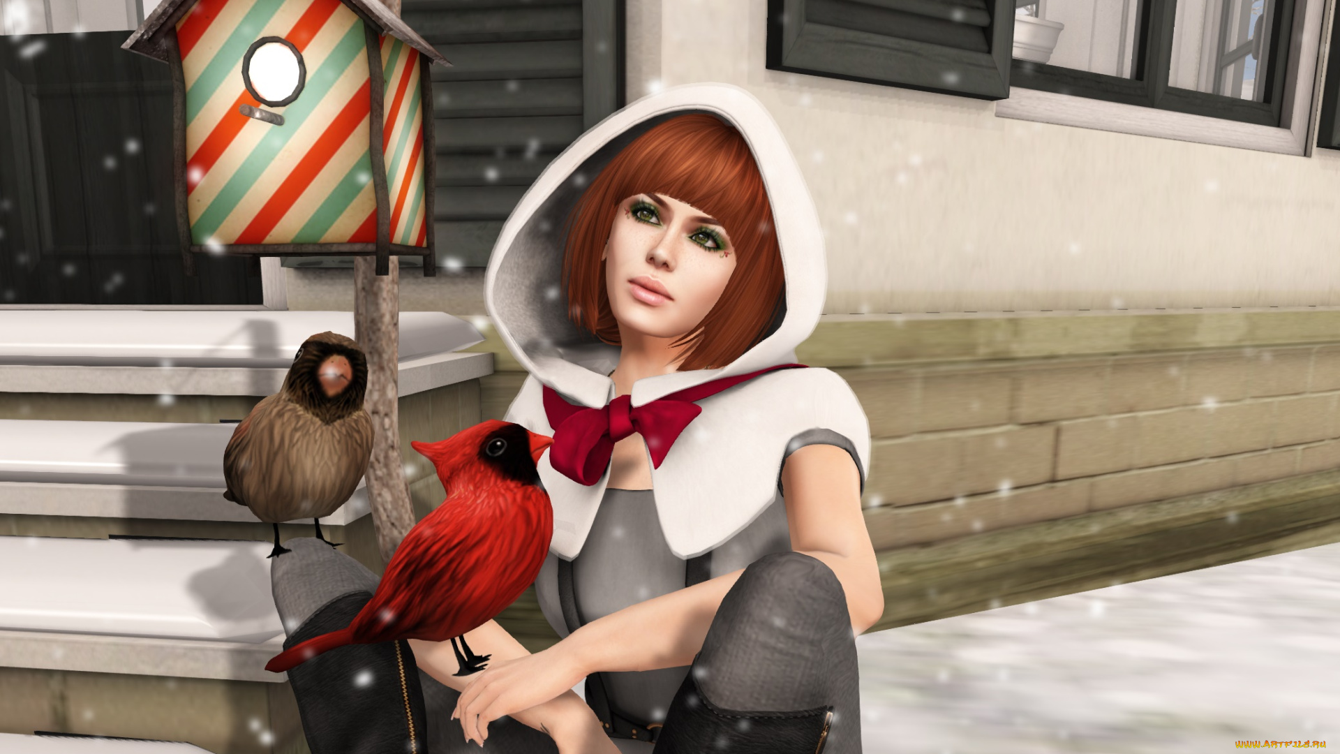 3д, графика, люди, , people, рыжая, девушка, фон, интерьер, взгляд